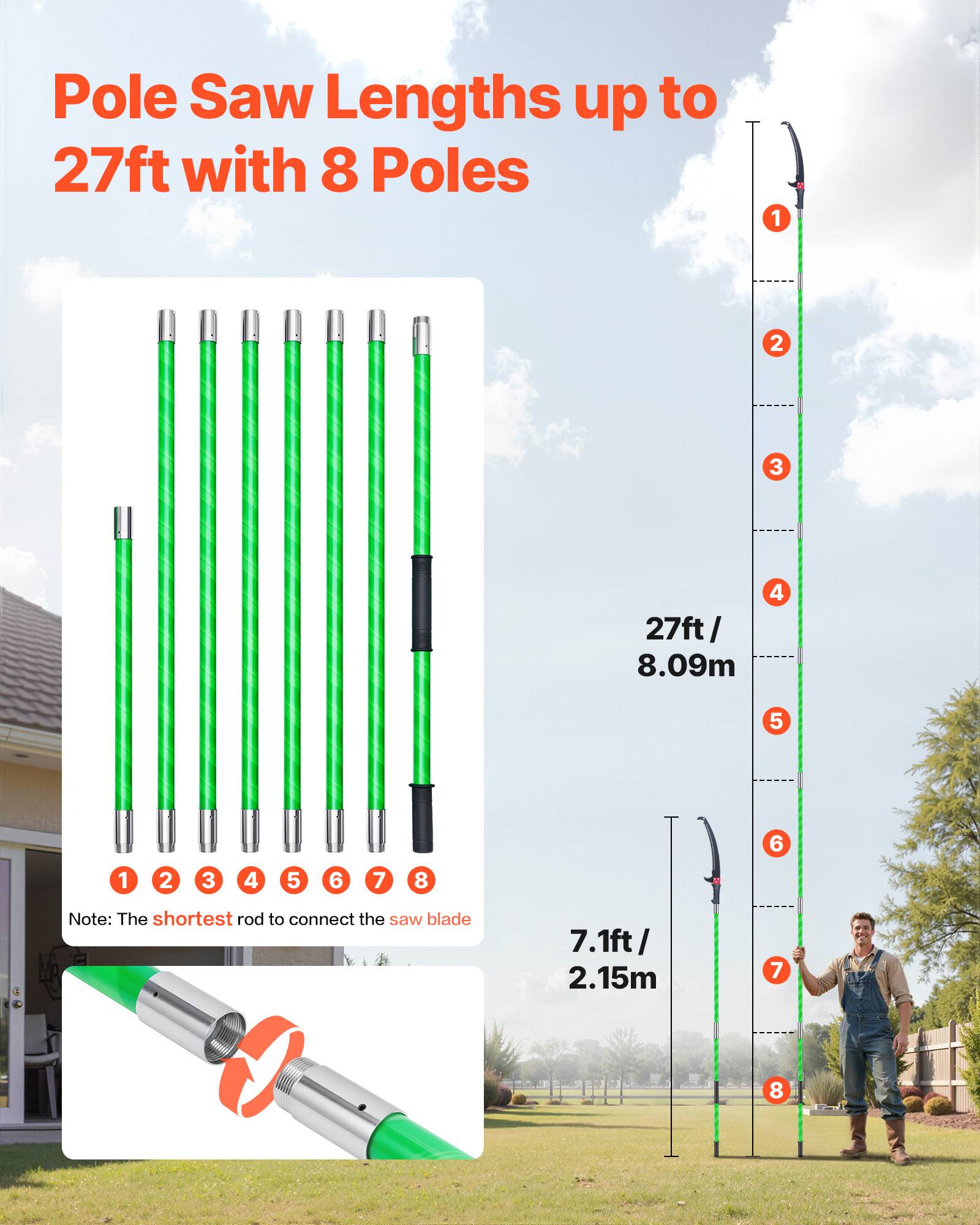 VEVOR Scie à Élaguer sur Perche Extensible Manuelle 2,15 m-8,09 m avec 8 Perches - Image 2