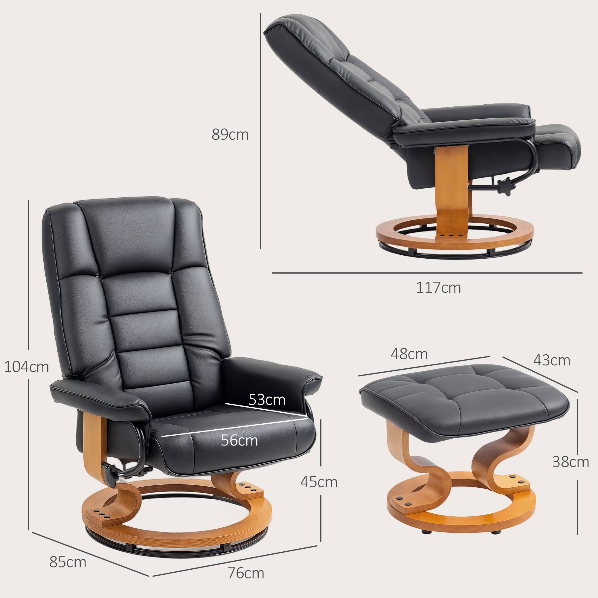 Sans Marque - Fauteuil de relaxation inclinable avec repose-pied, pivotant, cadre en bois , revêtement synthétique noir - Image 5