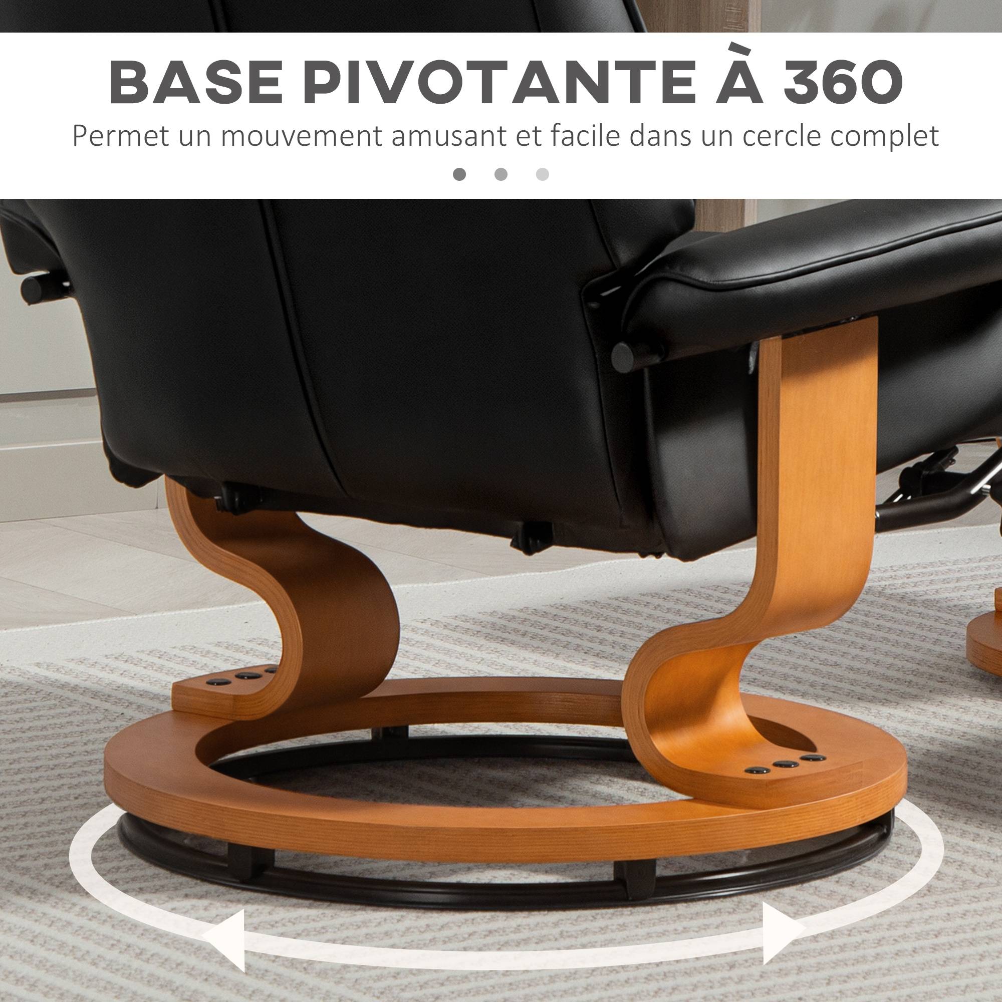 Sans Marque - Fauteuil de relaxation inclinable avec repose-pied, pivotant, cadre en bois , revêtement synthétique noir - Image 7