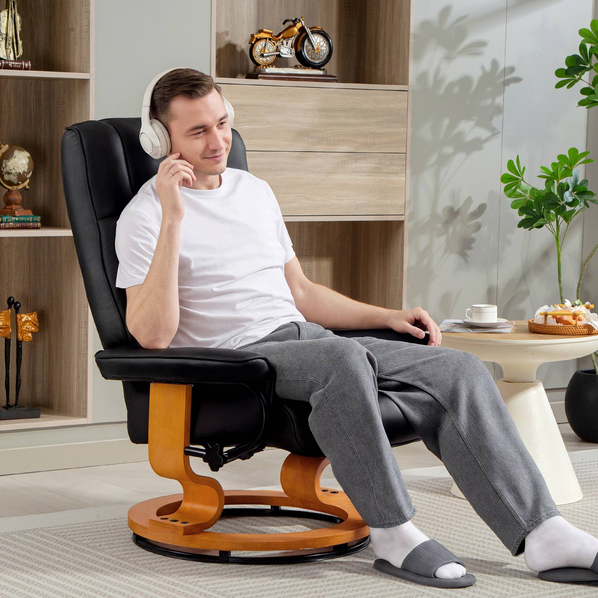 Sans Marque - Fauteuil de relaxation inclinable avec repose-pied, pivotant, cadre en bois , revêtement synthétique noir - Image 10