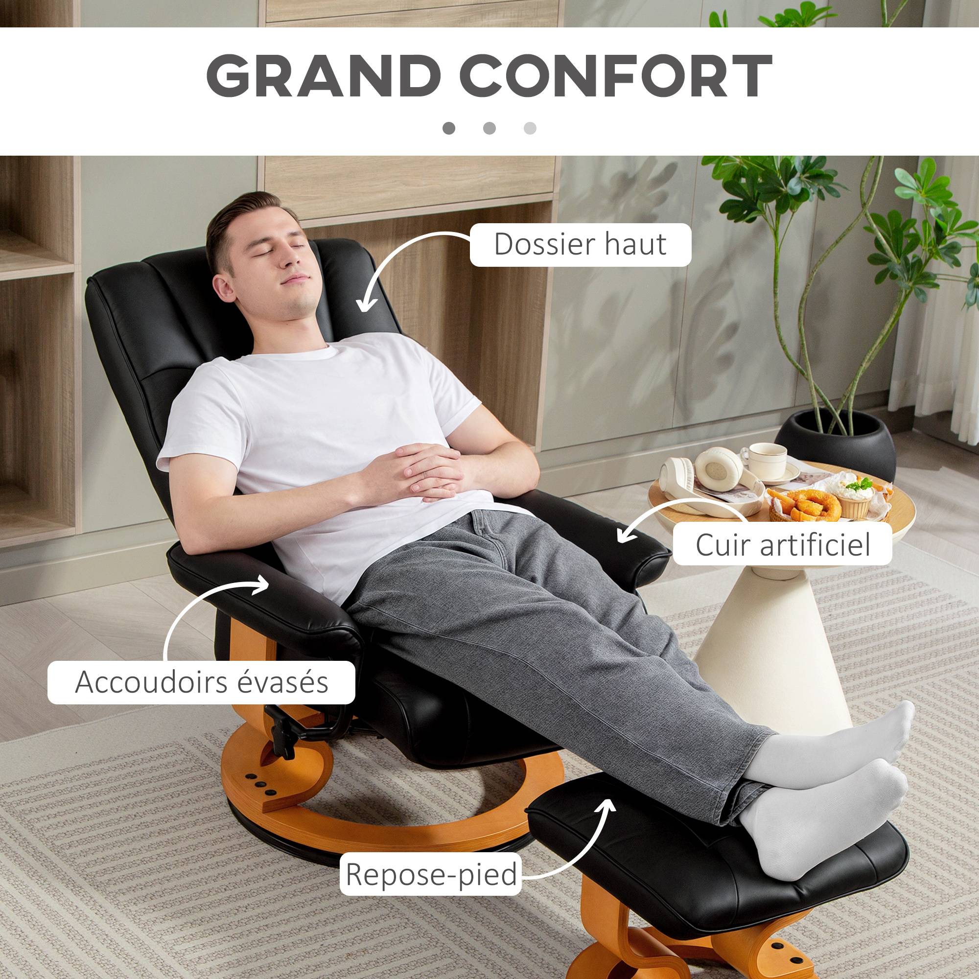 Sans Marque - Fauteuil de relaxation inclinable avec repose-pied, pivotant, cadre en bois , revêtement synthétique noir - Image 8
