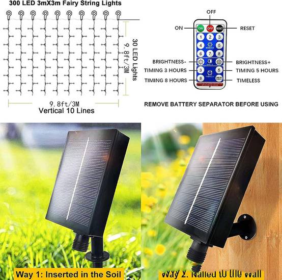 Guirlande lumineuse, 3 x 3 m, 300 LED, rideaux lumineux d'extérieur avec télécommande et 2 modes de charge, lumières décoratives de Noël et de fête. - Image 3