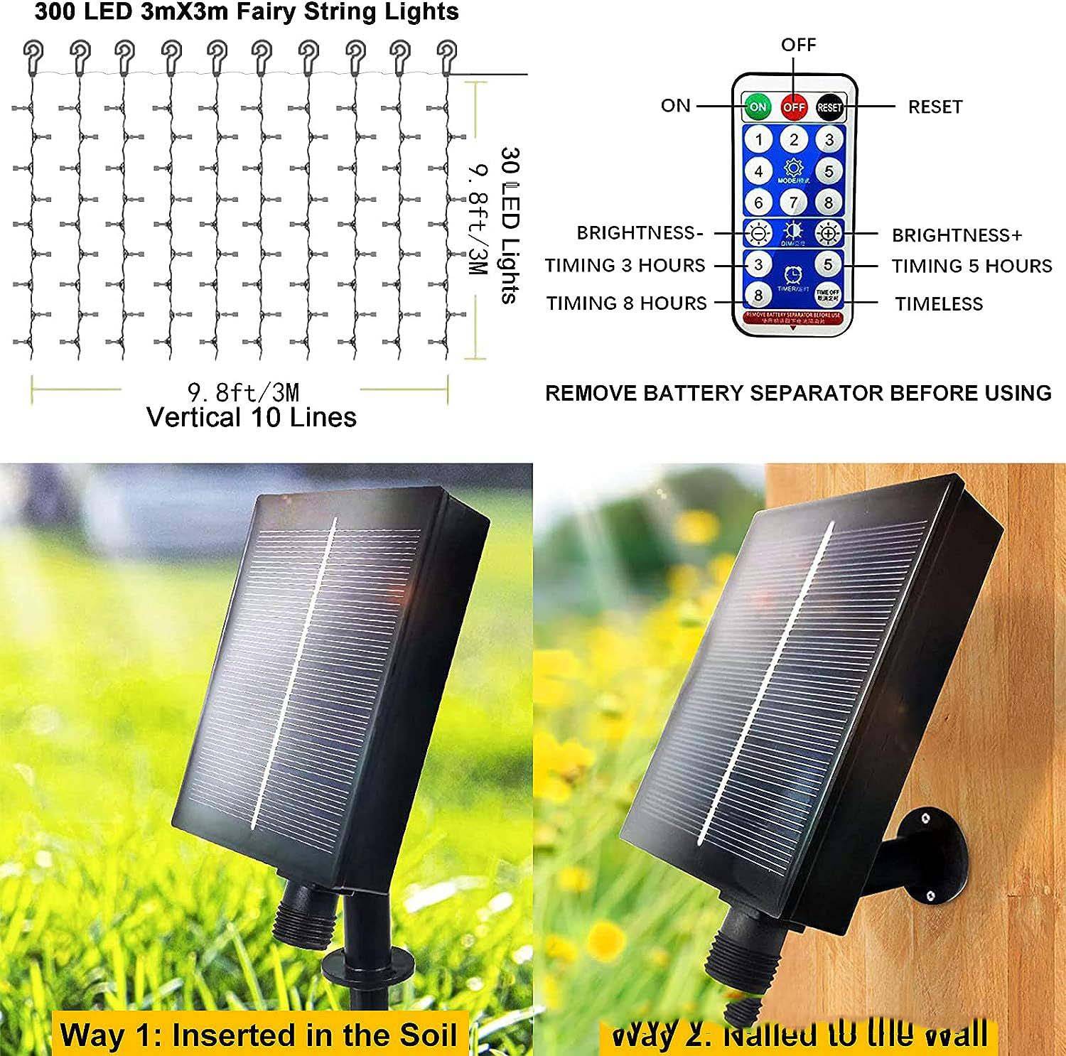 Guirlande lumineuse, 3 x 3 m, 300 LED, rideaux lumineux d'extérieur avec télécommande et 2 modes de charge, lumières décoratives de Noël et de fête. - Image 3