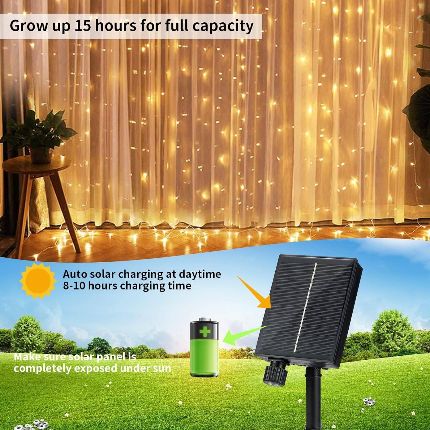 Guirlande lumineuse, 3 x 3 m, 300 LED, rideaux lumineux d'extérieur avec télécommande et 2 modes de charge, lumières décoratives de Noël et de fête. - Image 2