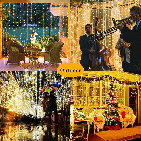 Guirlande lumineuse, 3 x 3 m, 300 LED, rideaux lumineux d'extérieur avec télécommande et 2 modes de charge, lumières décoratives de Noël et de fête. - Image 5