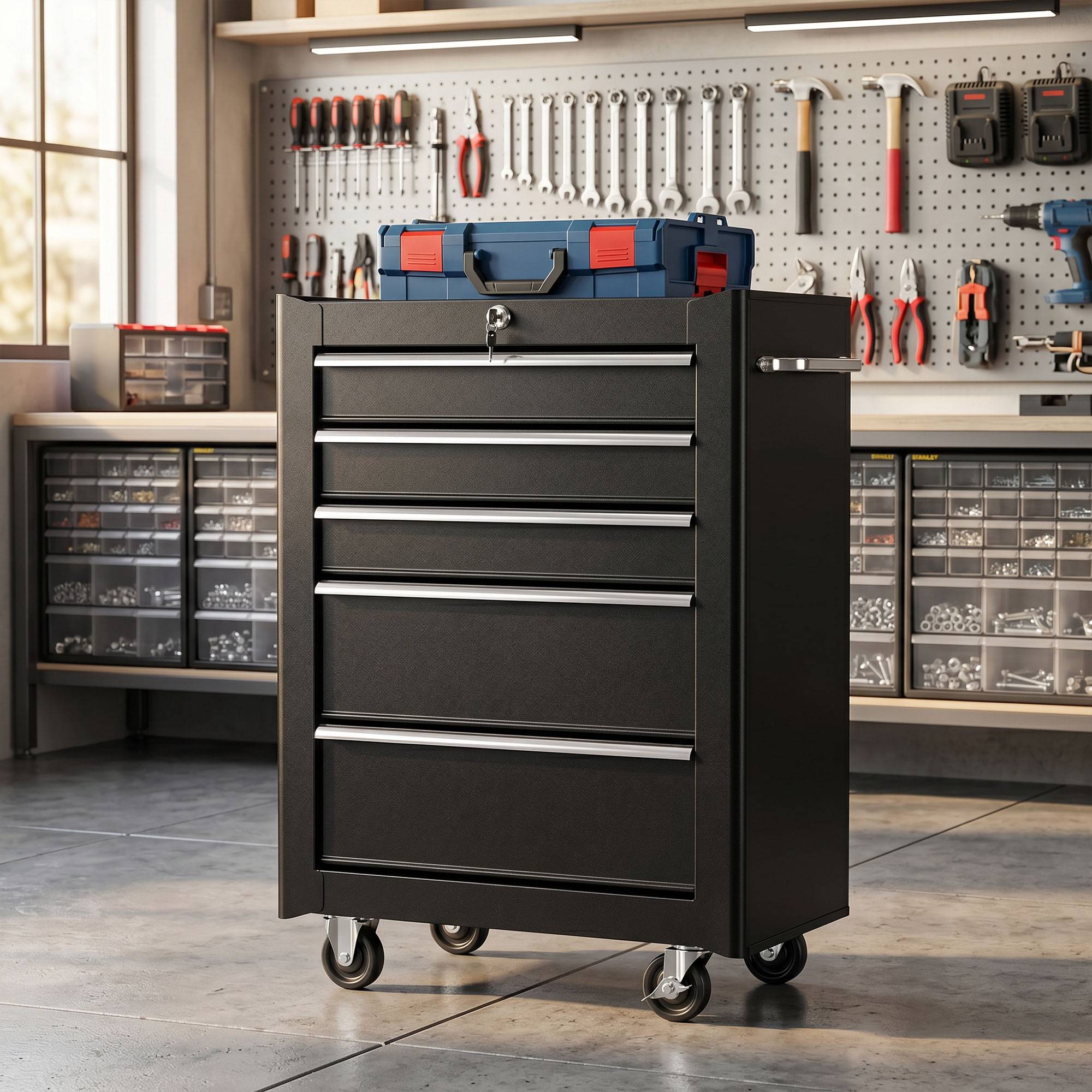 Sans Marque - Armoire outils, caisse, 5 tiroirs, roulant, acier, noir - Image 10