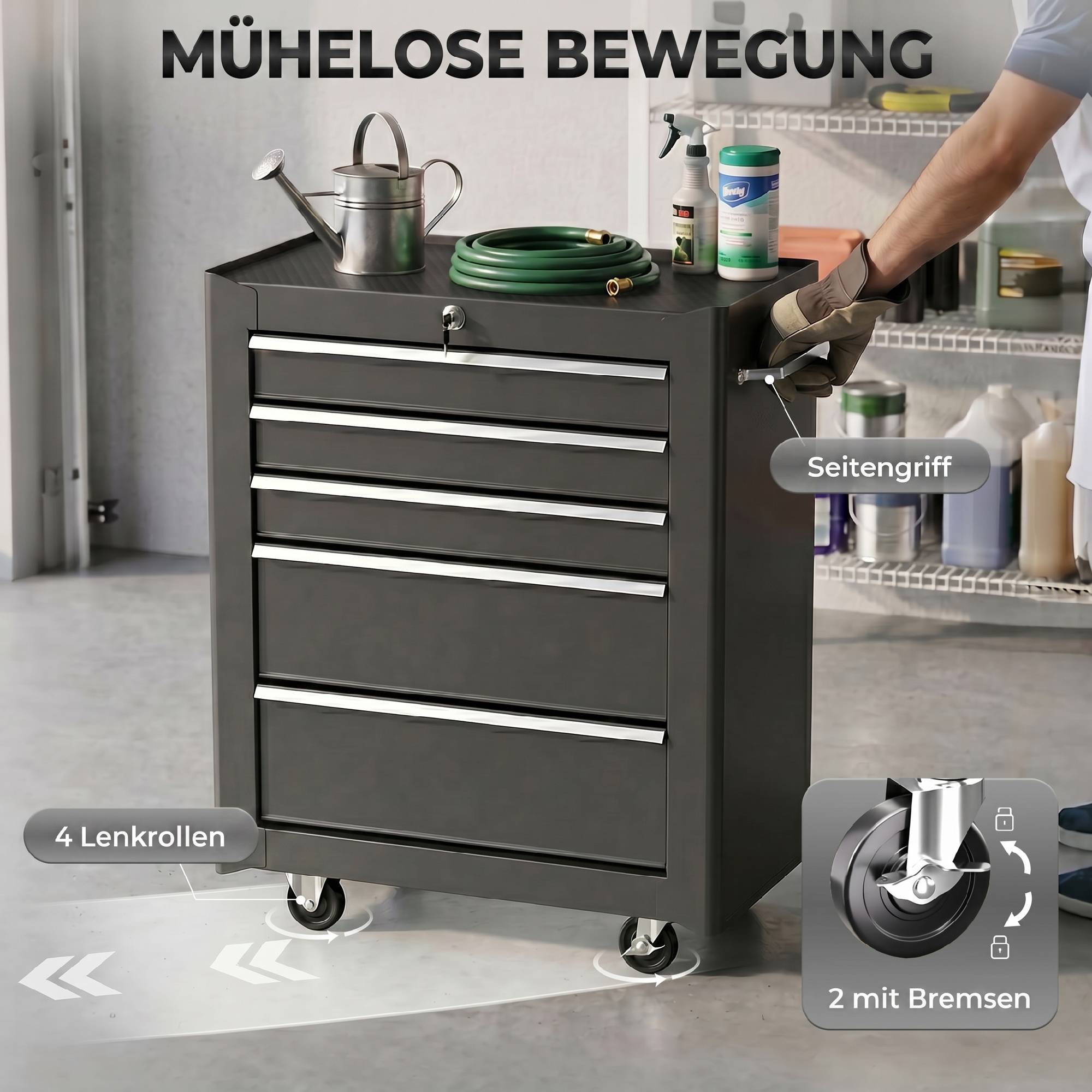 Sans Marque - Armoire outils, caisse, 5 tiroirs, roulant, acier, noir - Image 8