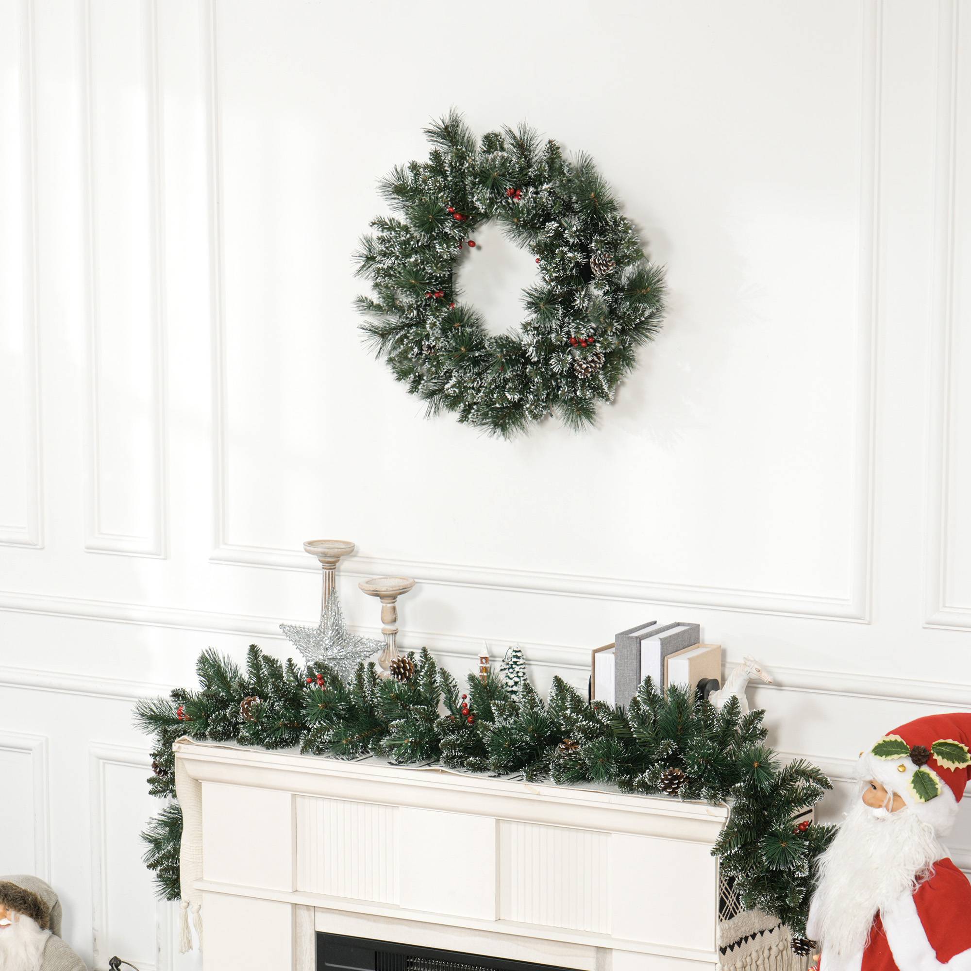 Sans Marque - Couronne de Noël porte artificielle 60 CM avec pommes de pin et grappes de baies, lumières LED et minuterie vert - Image 10