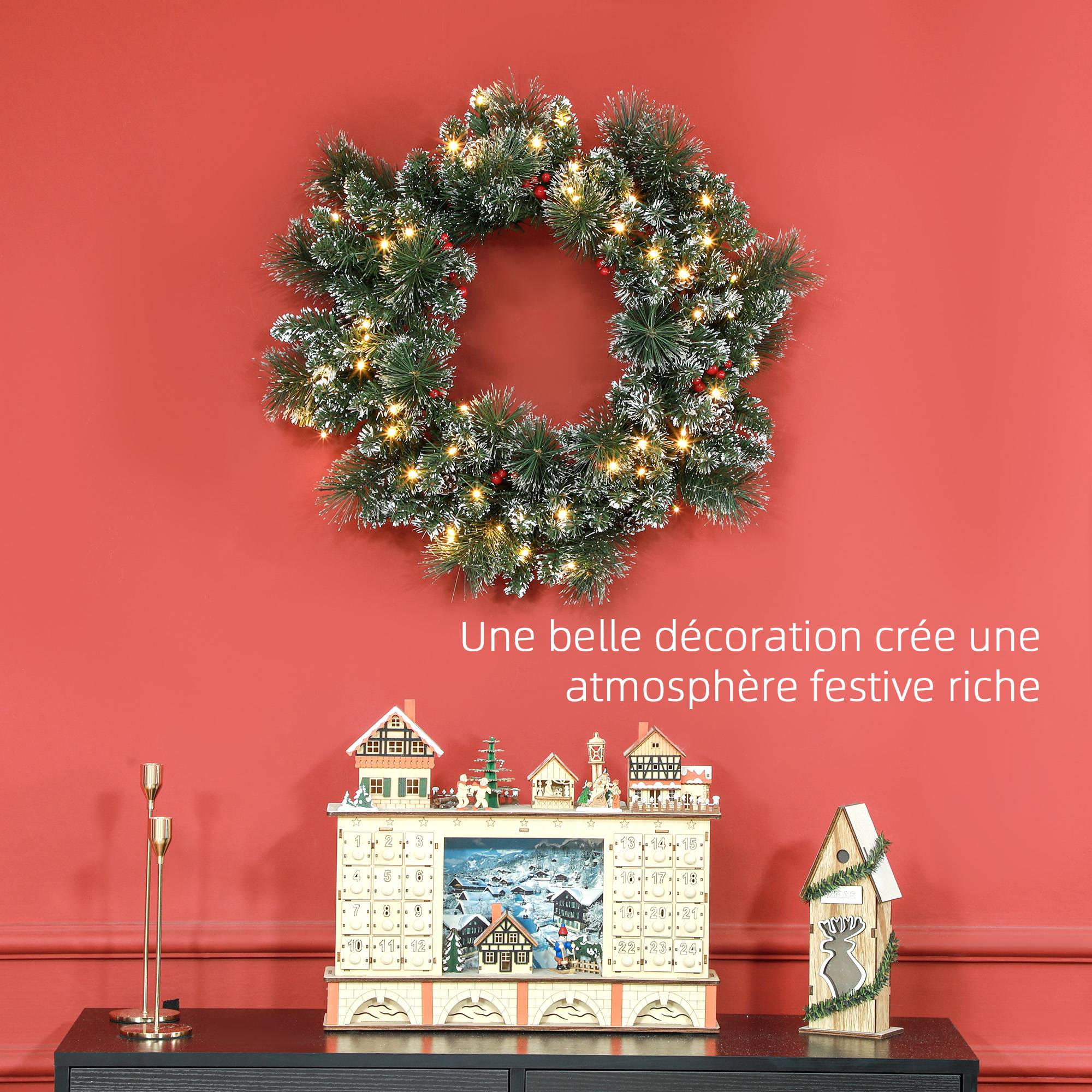 Sans Marque - Couronne de Noël porte artificielle 60 CM avec pommes de pin et grappes de baies, lumières LED et minuterie vert - Image 6