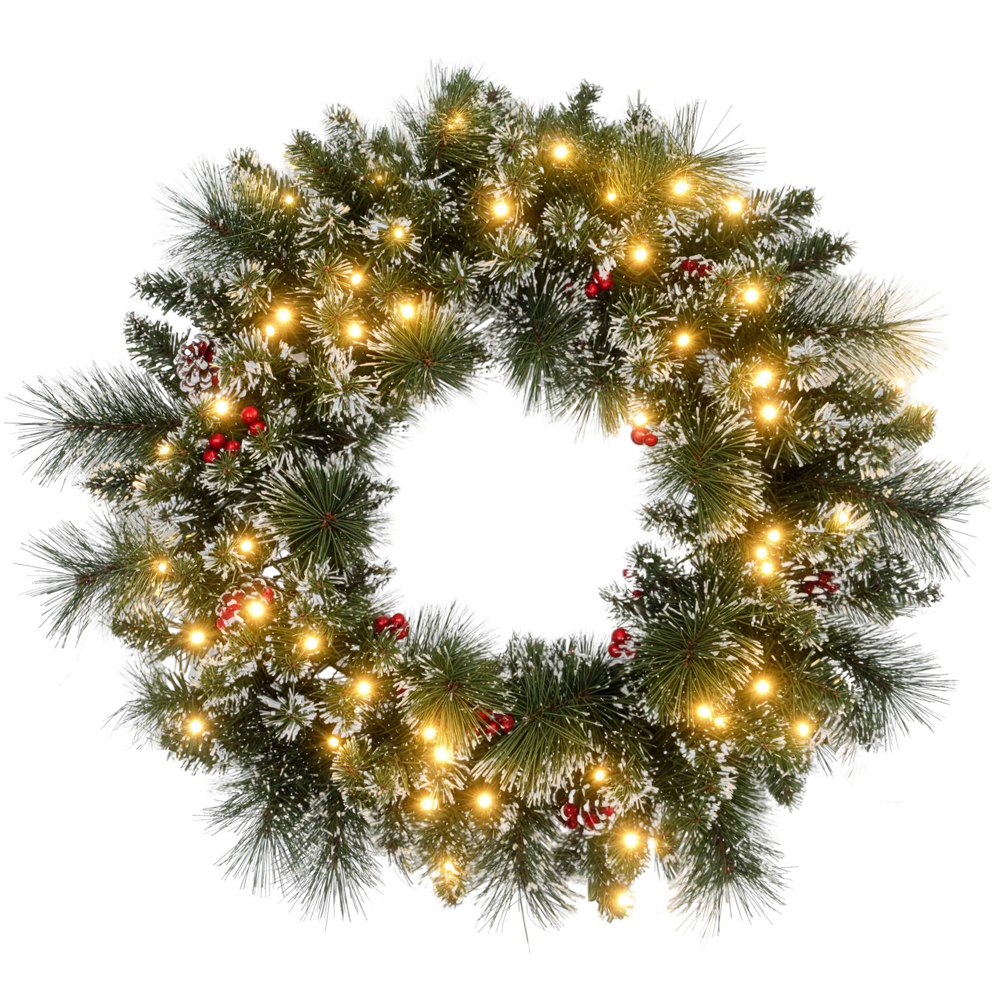 Sans Marque - Couronne de Noël porte artificielle 60 CM avec pommes de pin et grappes de baies, lumières LED et minuterie vert - Image 1