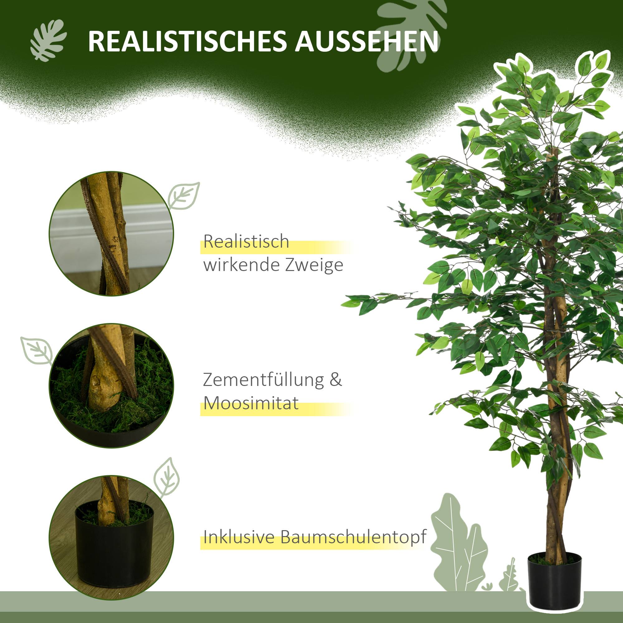 Ficus artificiel, fidèle à la nature, 150 cm, avec pot, vert - Image 6