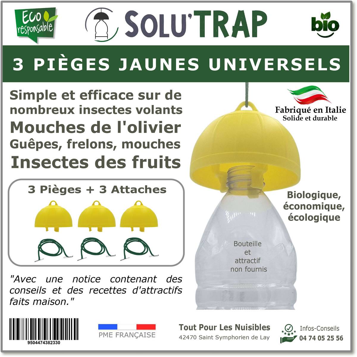SOLUTRAP - 3 Pièges universels Jaunes - Mouches - Guêpes - Frelons - Mouche de l'olivier