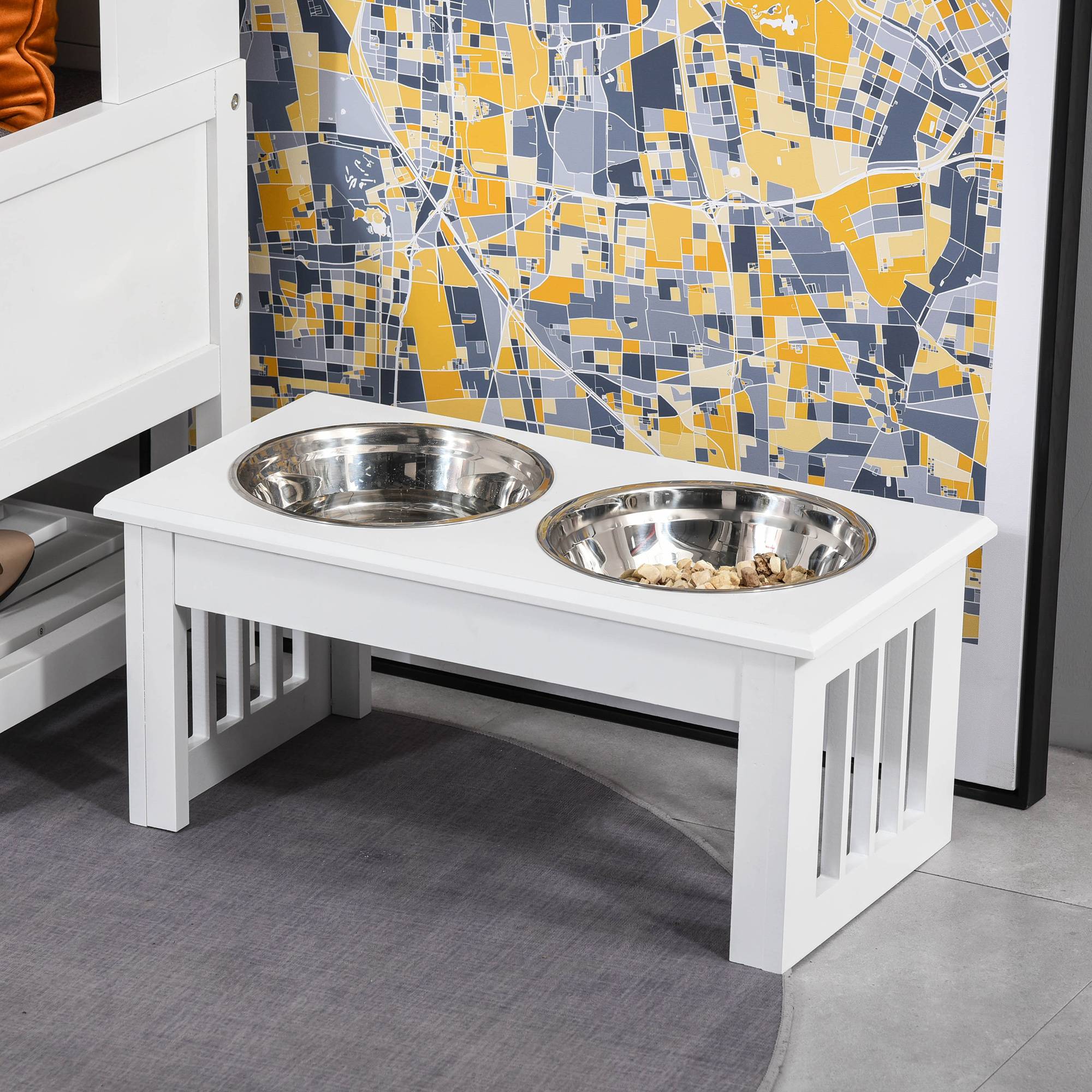 Sans Marque - Gamelles chiens surélevées gamelle double chien chat Porte-gamelles surélevé dim. 44L x 24l x 15H cm 2 gamelles 0,9L acier inox. incluses bois blanc - Image 4