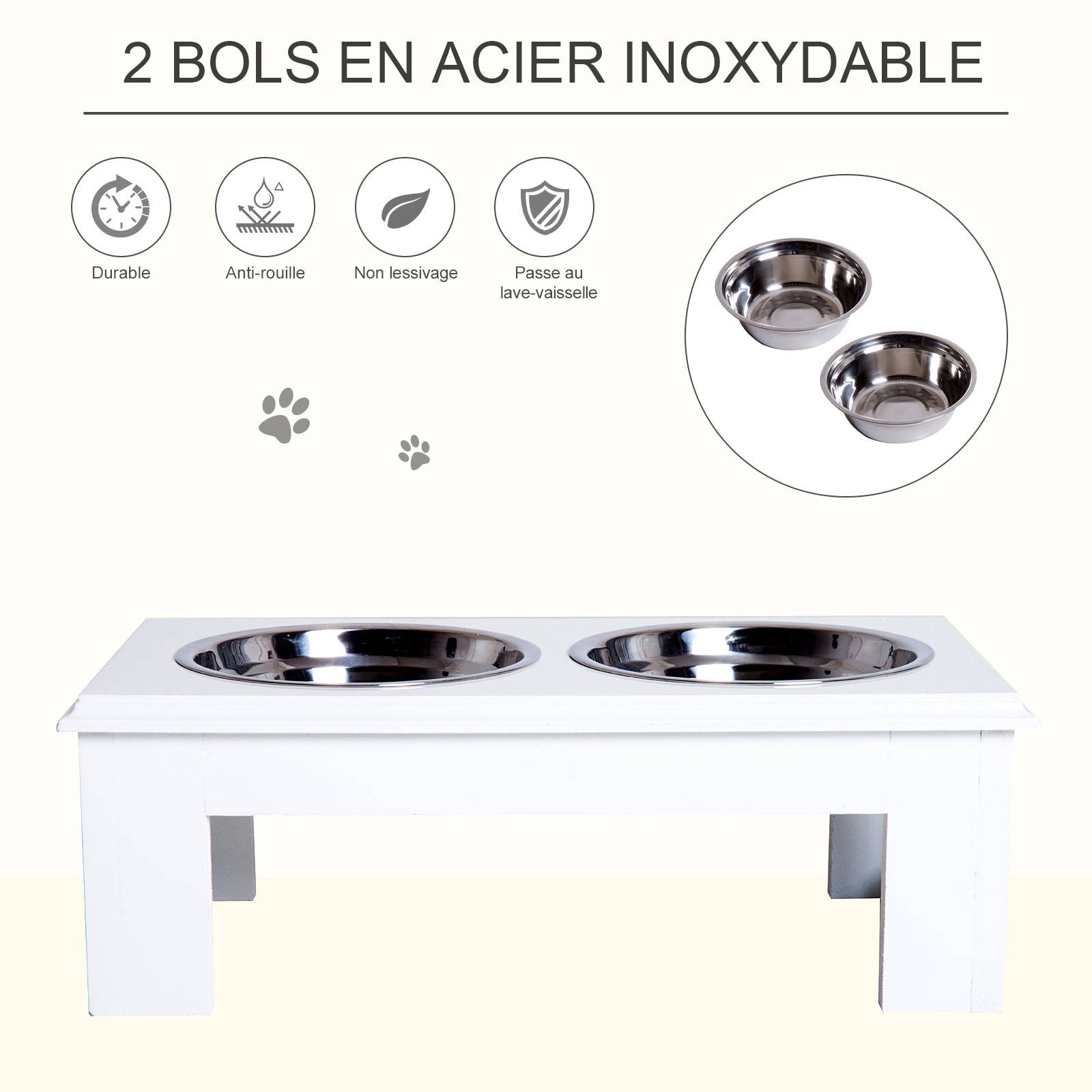 Sans Marque - Gamelles chiens surélevées gamelle double chien chat Porte-gamelles surélevé dim. 44L x 24l x 15H cm 2 gamelles 0,9L acier inox. incluses bois blanc - Image 7