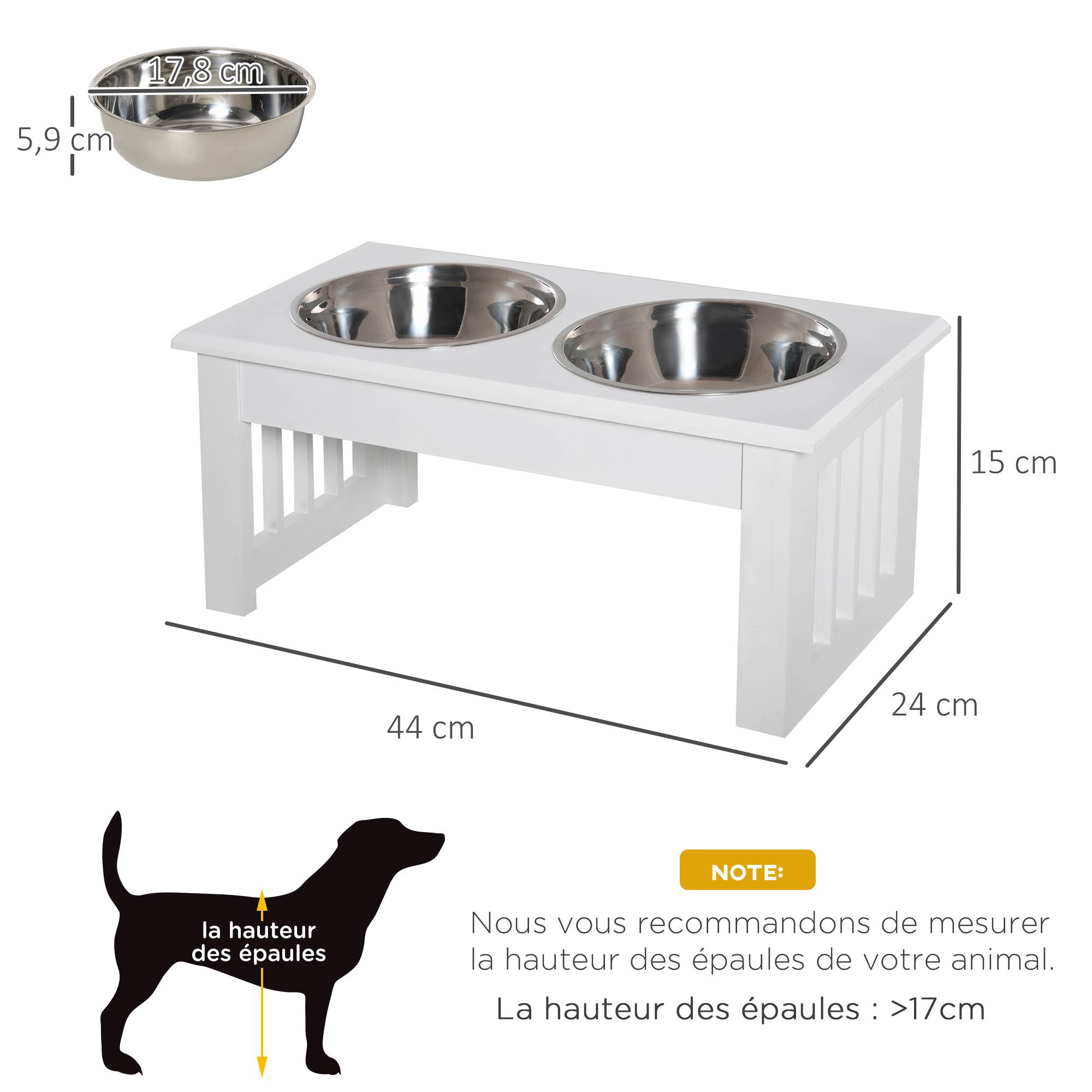 Sans Marque - Gamelles chiens surélevées gamelle double chien chat Porte-gamelles surélevé dim. 44L x 24l x 15H cm 2 gamelles 0,9L acier inox. incluses bois blanc - Image 5