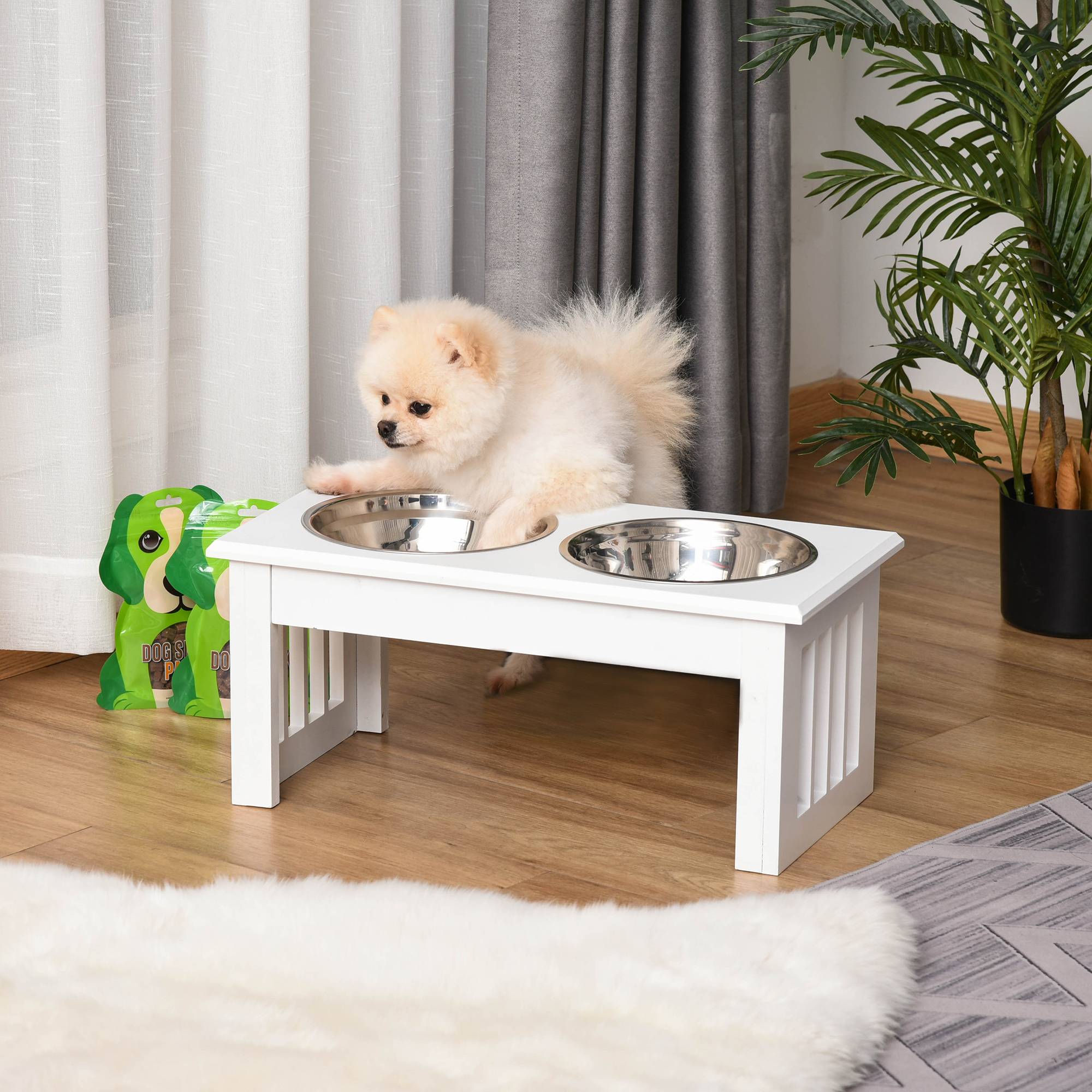 Sans Marque - Gamelles chiens surélevées gamelle double chien chat Porte-gamelles surélevé dim. 44L x 24l x 15H cm 2 gamelles 0,9L acier inox. incluses bois blanc - Image 3
