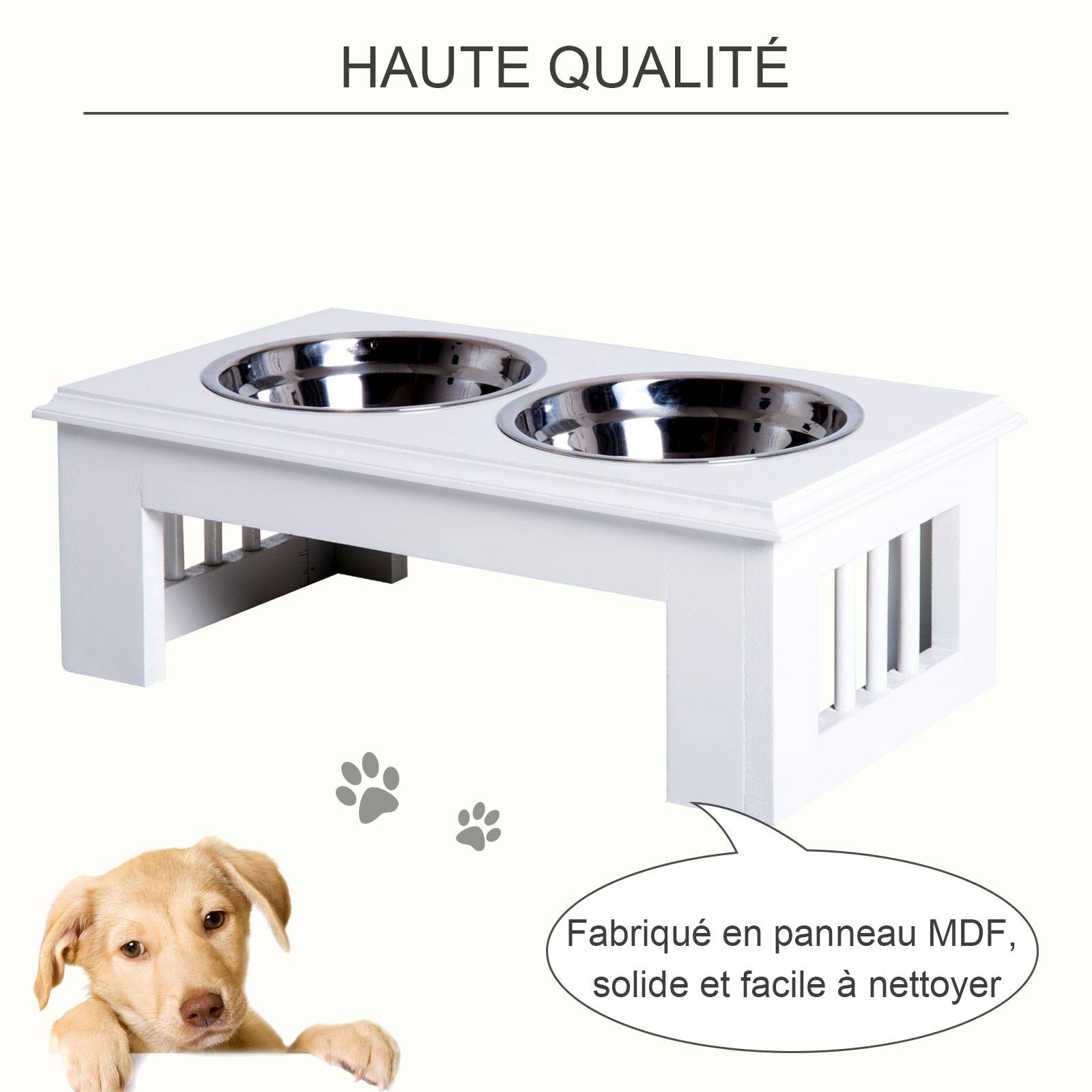 Sans Marque - Gamelles chiens surélevées gamelle double chien chat Porte-gamelles surélevé dim. 44L x 24l x 15H cm 2 gamelles 0,9L acier inox. incluses bois blanc - Image 8