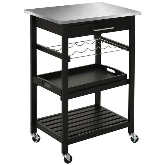 KOMHTOM - Chariot de service pour cuisine, table roulante avec étagère de rangement, plateau en acier inoxydable, noir - Image 5