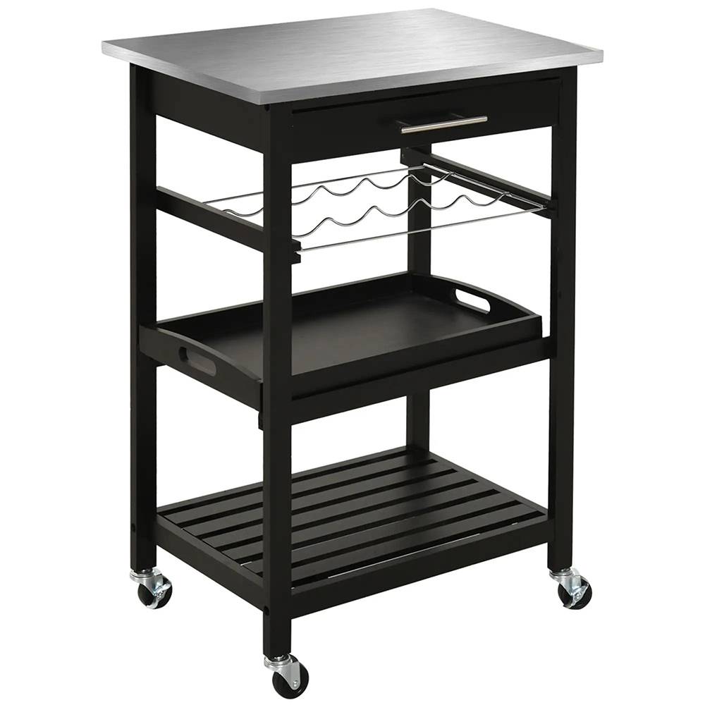 KOMHTOM - Chariot de service pour cuisine, table roulante avec étagère de rangement, plateau en acier inoxydable, noir - Image 5