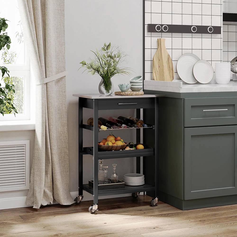 KOMHTOM - Chariot de service pour cuisine, table roulante avec étagère de rangement, plateau en acier inoxydable, noir - Image 1