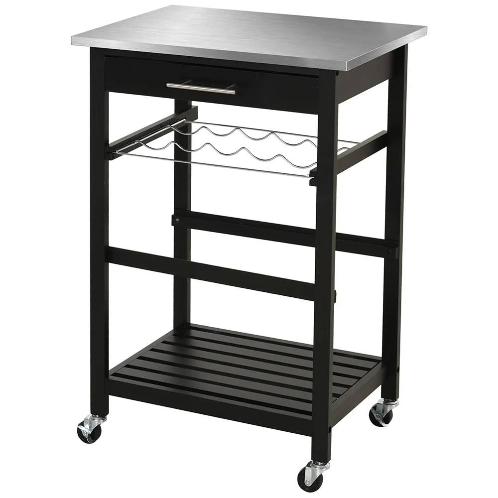 KOMHTOM - Chariot de service pour cuisine, table roulante avec étagère de rangement, plateau en acier inoxydable, noir - Image 3