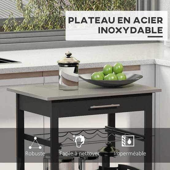 KOMHTOM - Chariot de service pour cuisine, table roulante avec étagère de rangement, plateau en acier inoxydable, noir - Image 2