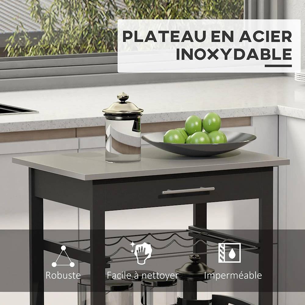 KOMHTOM - Chariot de service pour cuisine, table roulante avec étagère de rangement, plateau en acier inoxydable, noir - Image 2