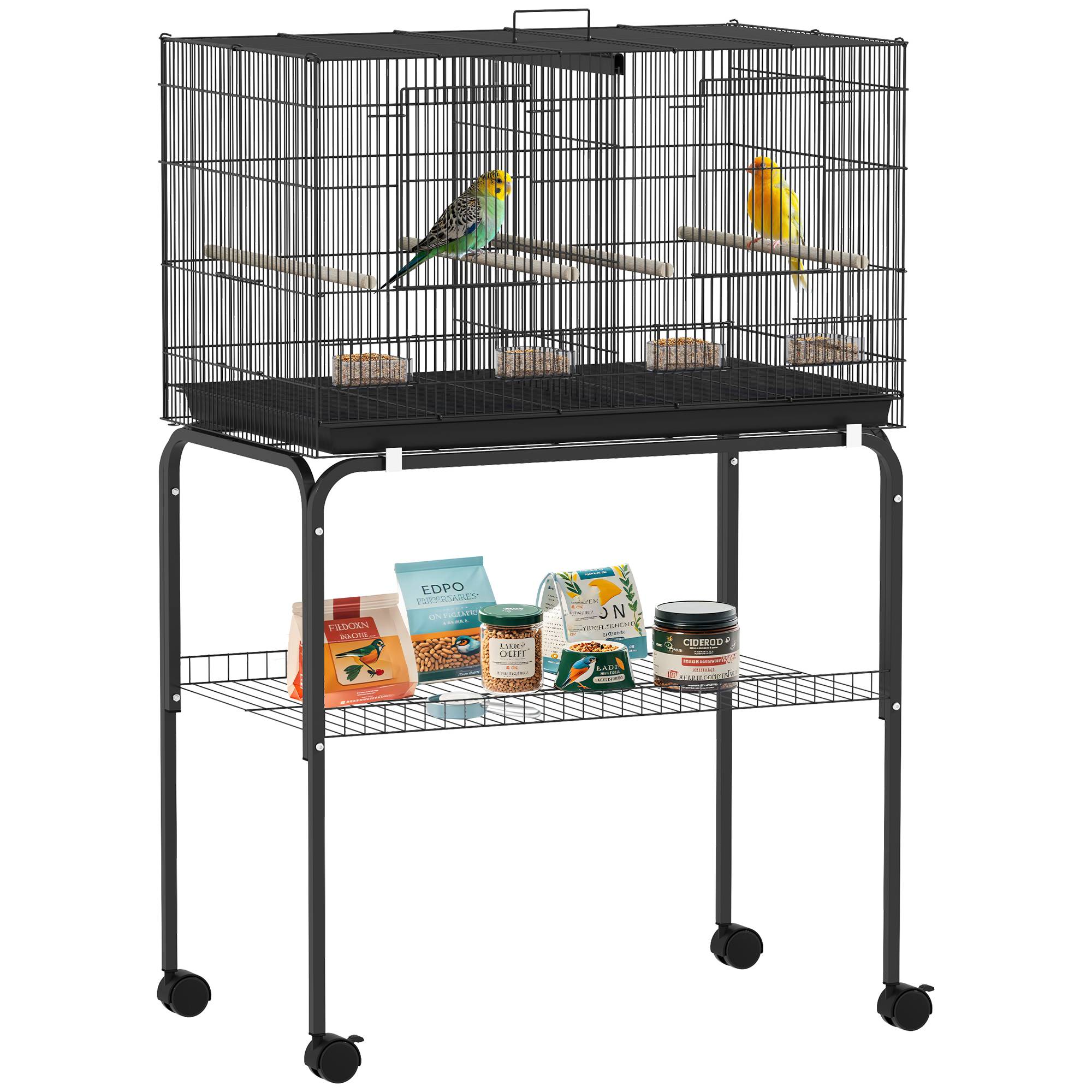 Cage à oiseaux volière avec roulettes, 2 portes, 4 perchoirs, bac de rangement, métal 76x46x116cm, noir - Image 1