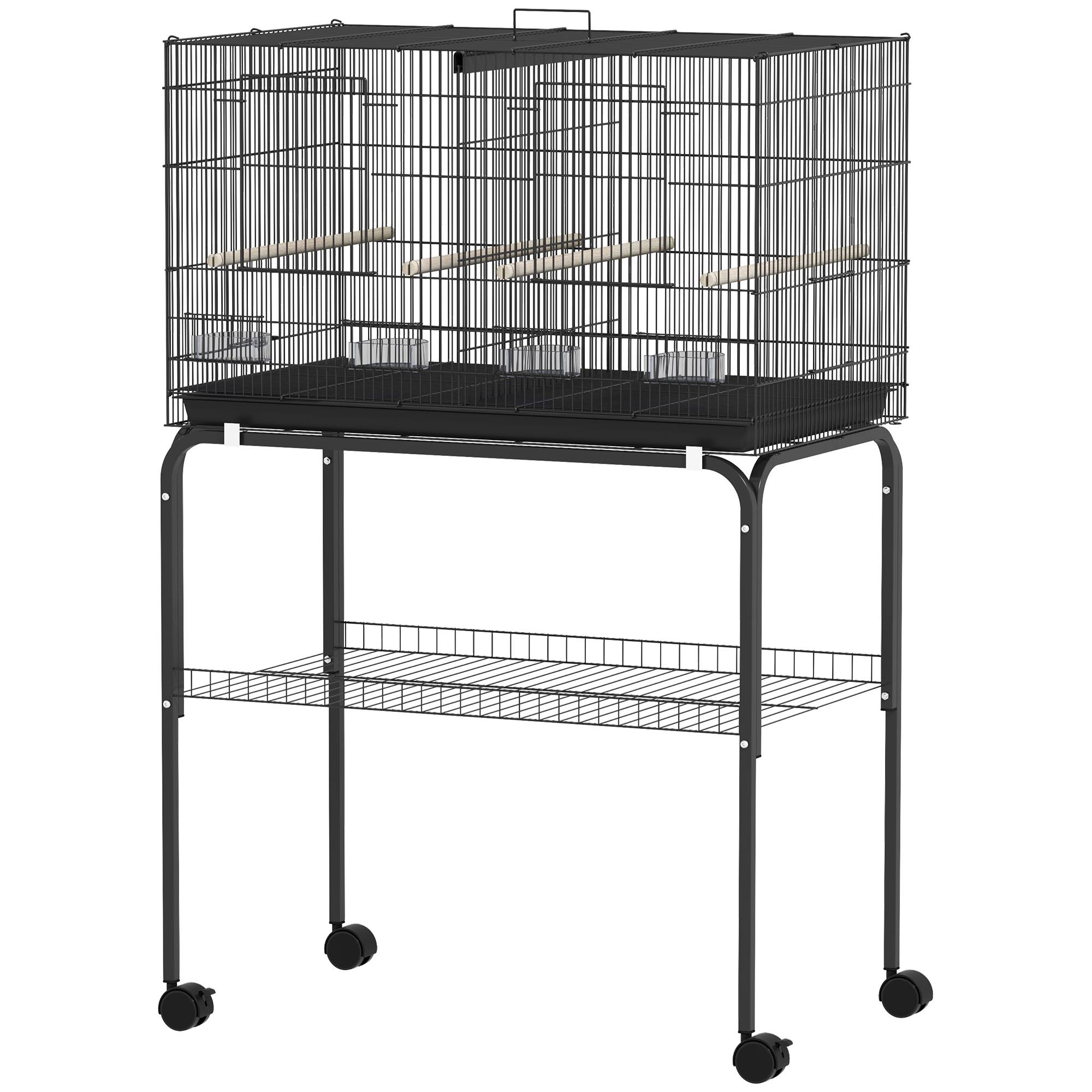 Cage à oiseaux volière avec roulettes, 2 portes, 4 perchoirs, bac de rangement, métal 76x46x116cm, noir - Image 2