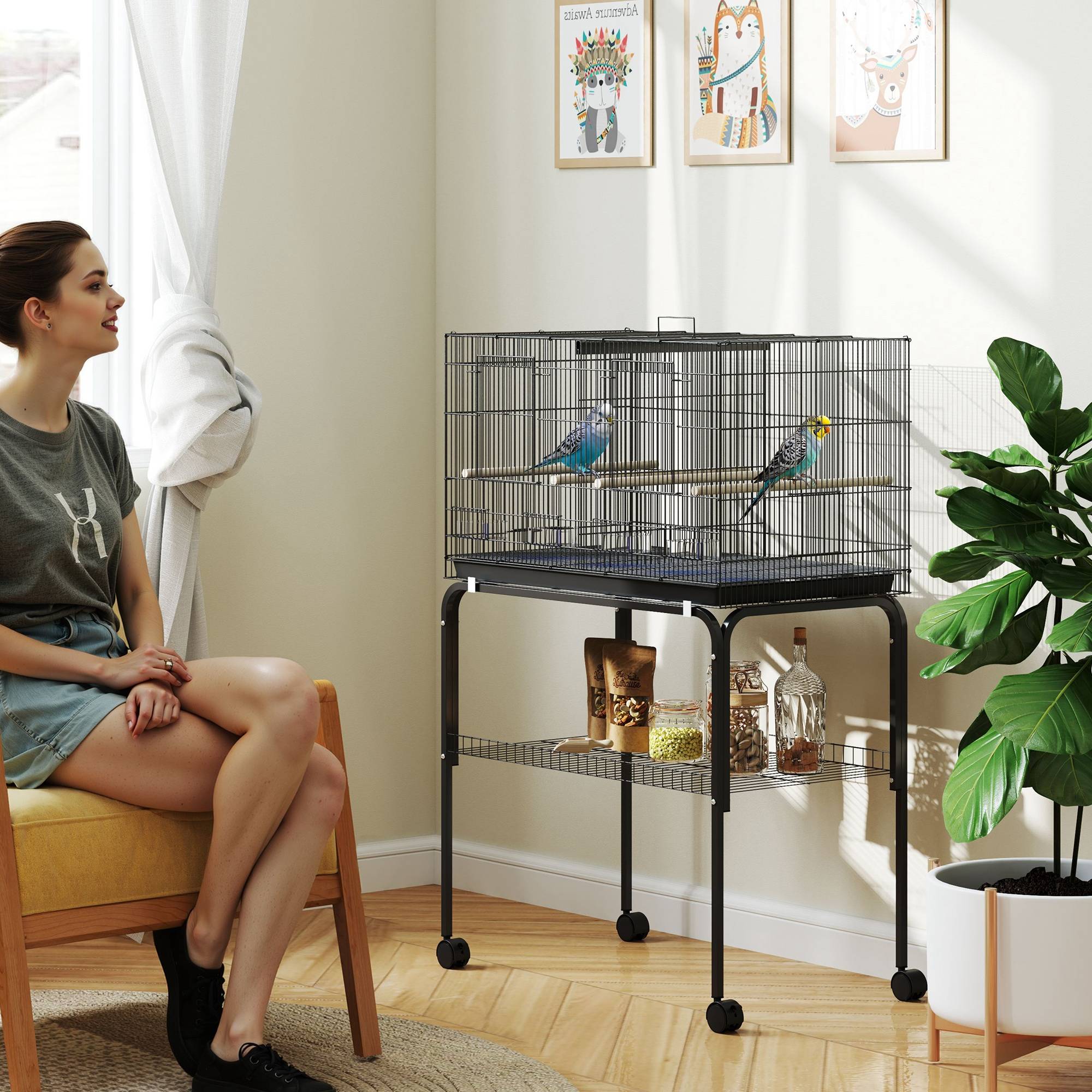 Cage à oiseaux volière avec roulettes, 2 portes, 4 perchoirs, bac de rangement, métal 76x46x116cm, noir - Image 3