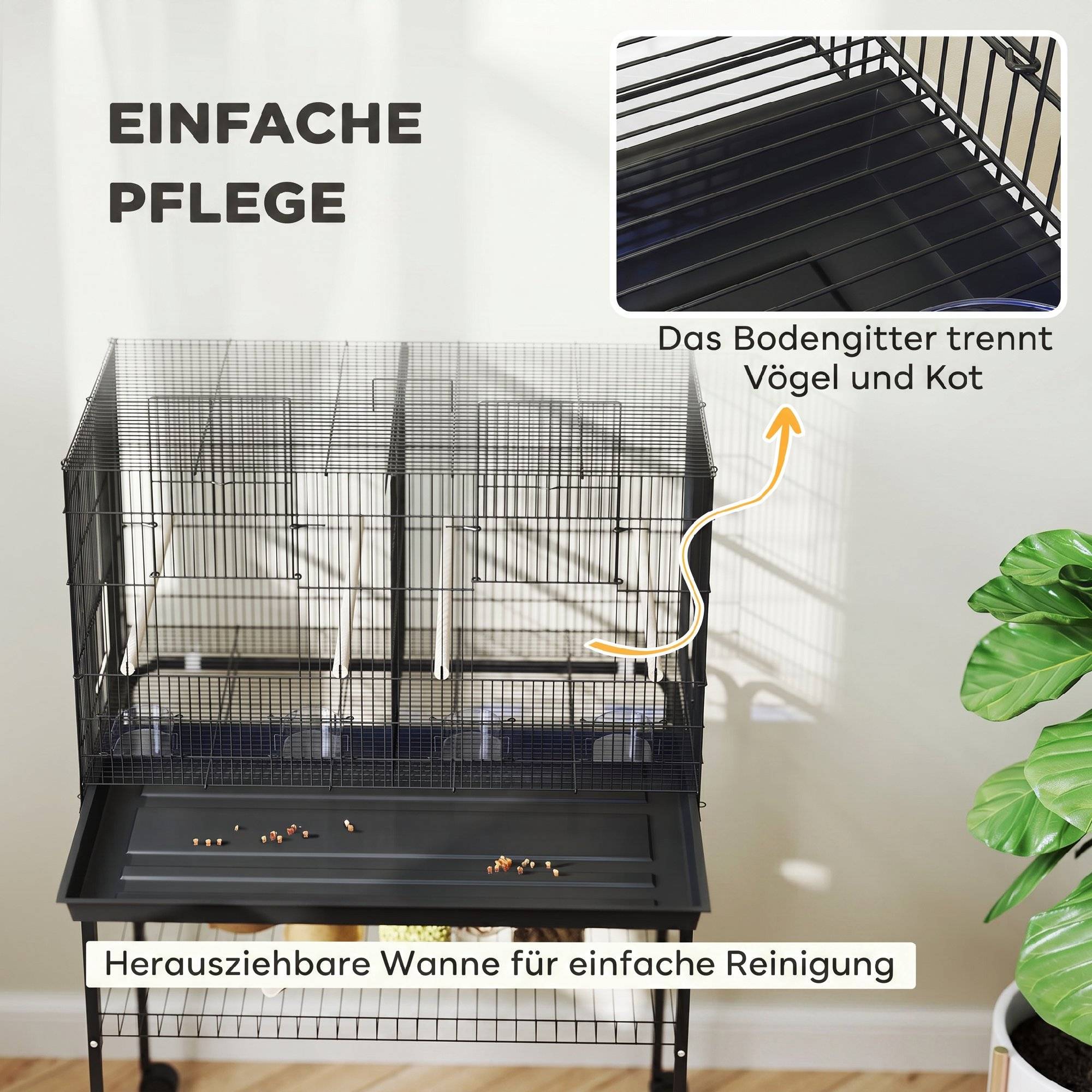 Cage à oiseaux volière avec roulettes, 2 portes, 4 perchoirs, bac de rangement, métal 76x46x116cm, noir - Image 9