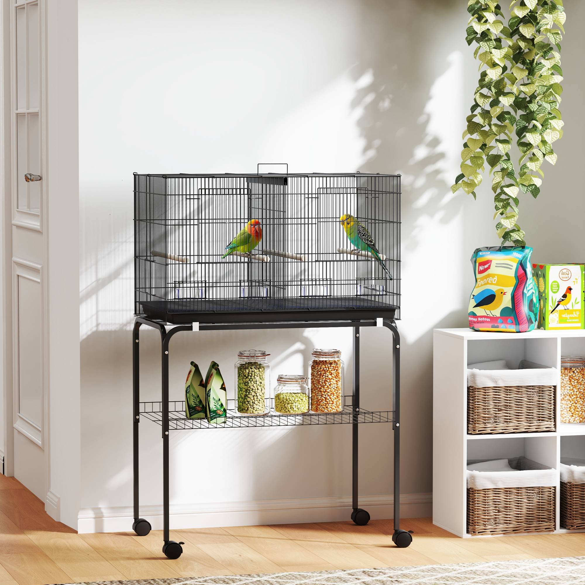 Cage à oiseaux volière avec roulettes, 2 portes, 4 perchoirs, bac de rangement, métal 76x46x116cm, noir - Image 4