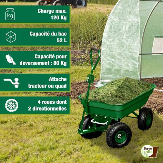 Sans Marque - Chariot de jardin 4 roues - 52 litres capacité 120 kg - Image 2
