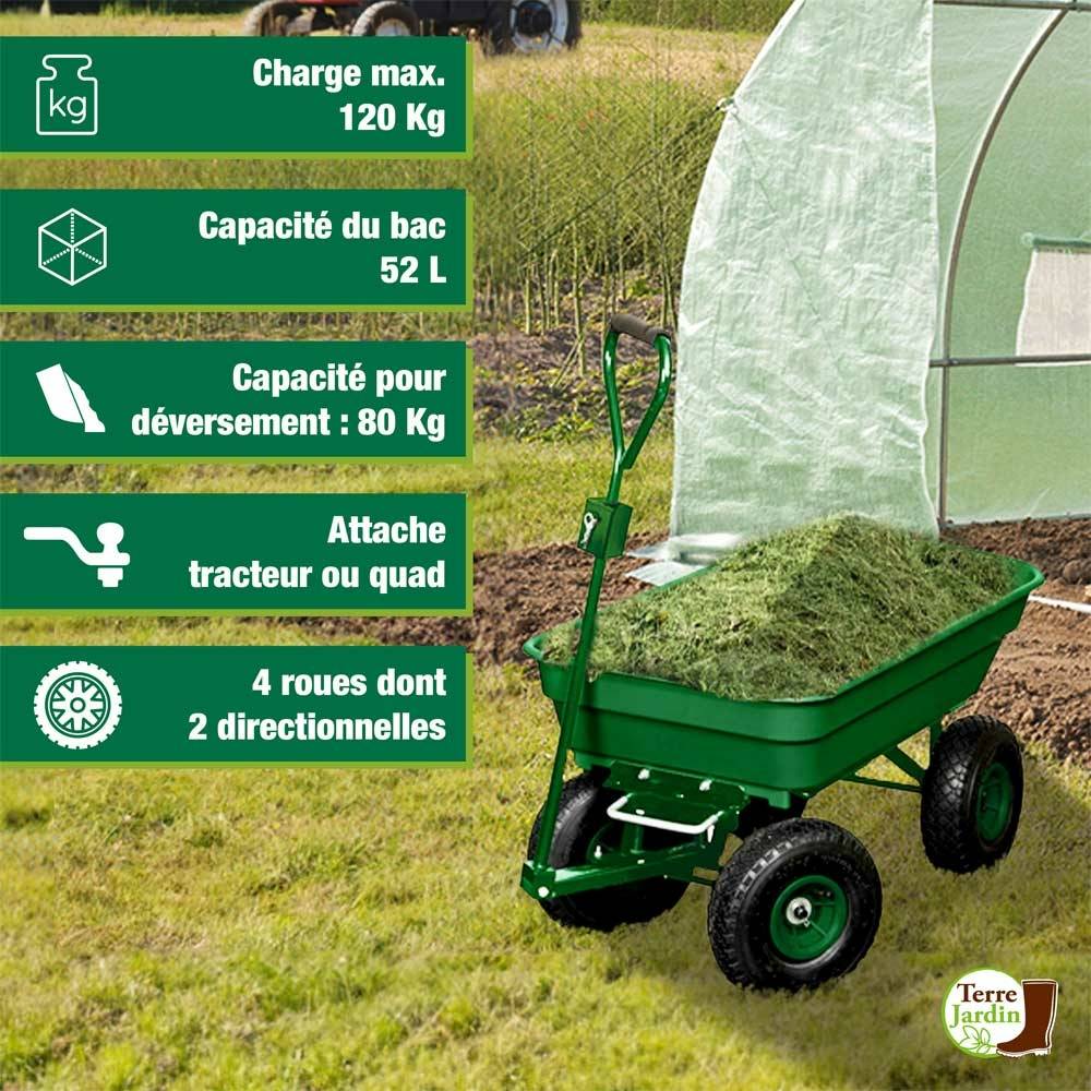 Sans Marque - Chariot de jardin 4 roues - 52 litres capacité 120 kg - Image 2