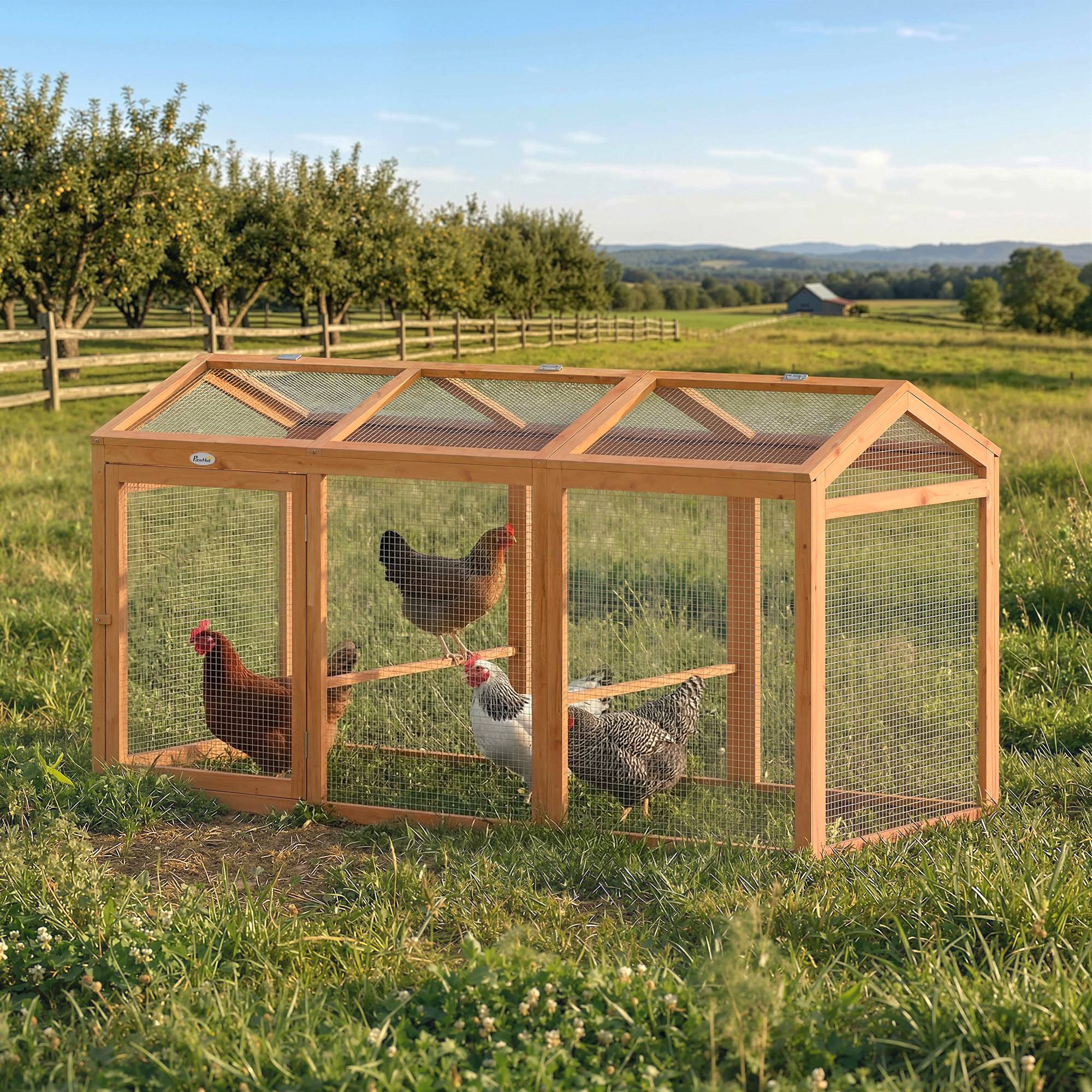 Sans Marque - Poulailler perchoir double porte bois/métal 4 poules 156x70,5x84 cm orange - Image 3