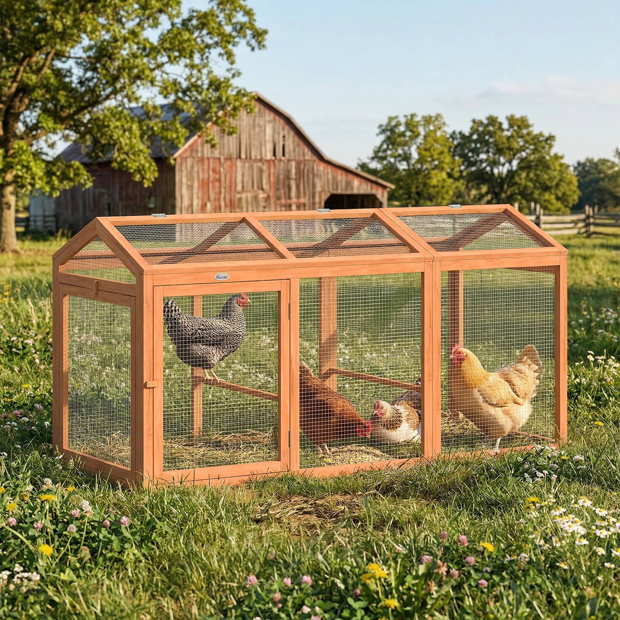 Sans Marque - Poulailler perchoir double porte bois/métal 4 poules 156x70,5x84 cm orange - Image 4