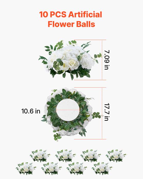 VEVOR Boule Fleur Artificielle Centre Table 10 PCS Diam Max 45 cm Rose Blanche - Image 3