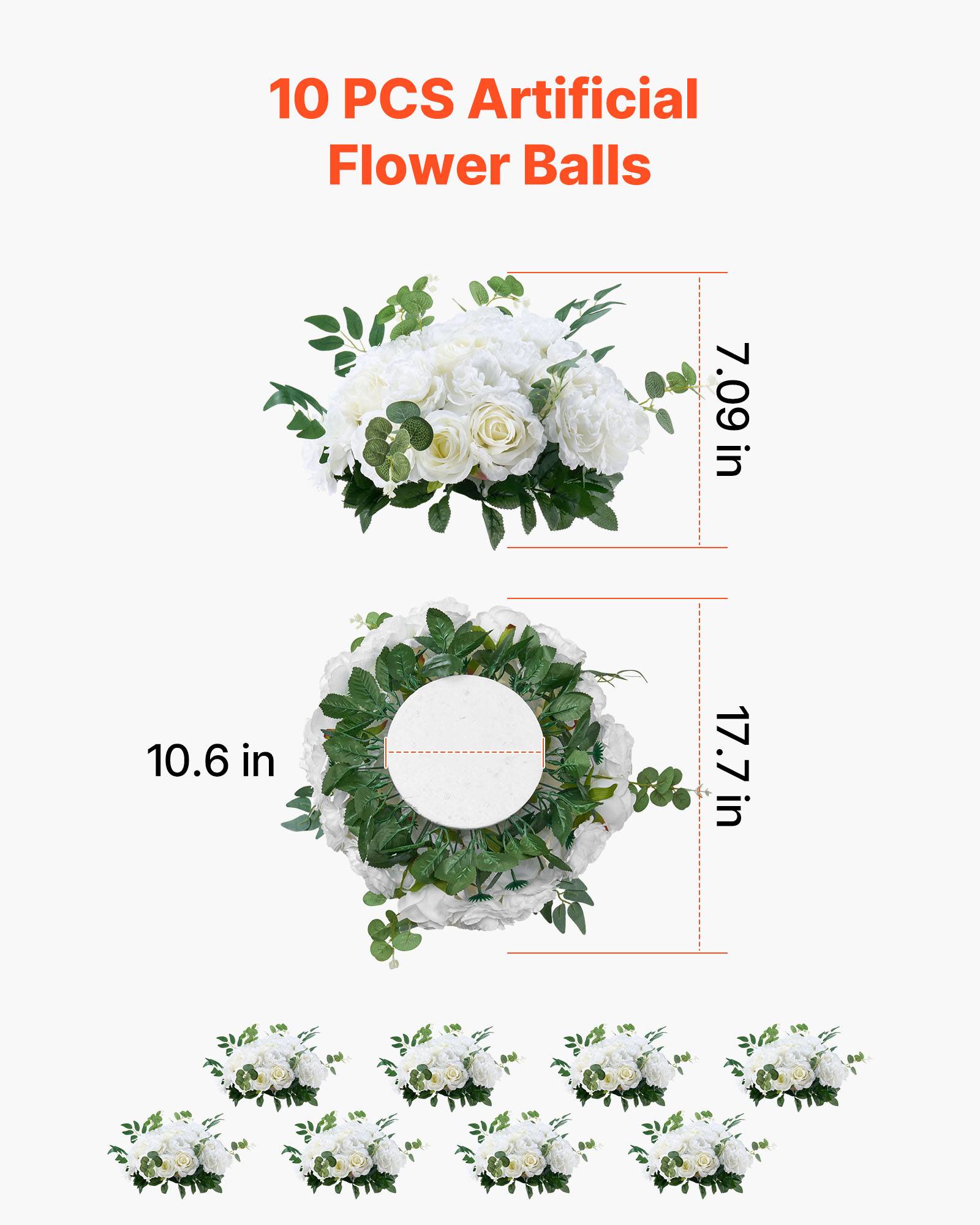 VEVOR Boule Fleur Artificielle Centre Table 10 PCS Diam Max 45 cm Rose Blanche - Image 3