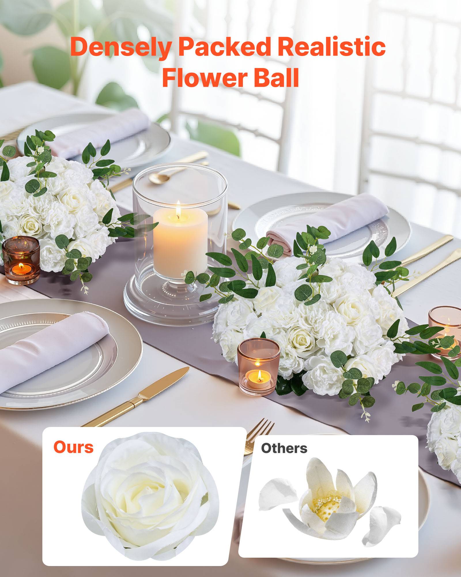 VEVOR Boule Fleur Artificielle Centre Table 10 PCS Diam Max 45 cm Rose Blanche - Image 2