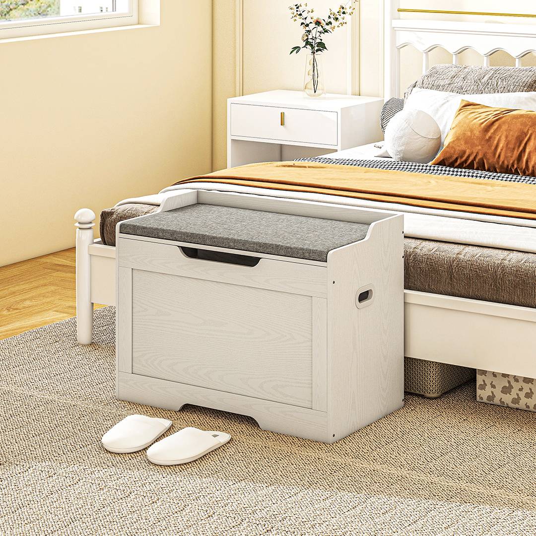 Banc coffre rangement bois avec coussin tissu, capacité 103 L, coffre multifonction entrée chambre 75x40x56 cm blanc - Image 4