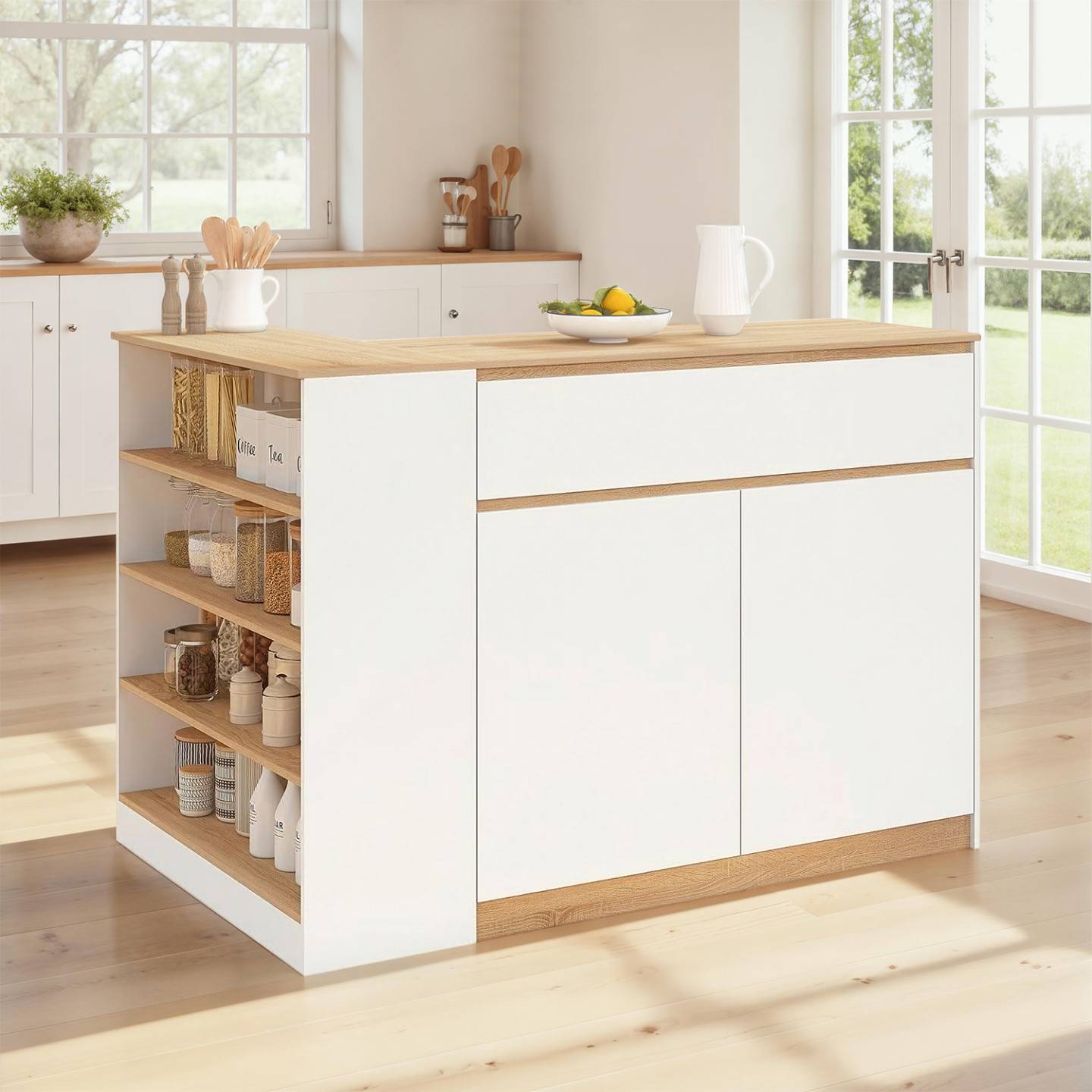 IDMARKET - Ilot central TOMI 130 cm 2 personnes double plateau bois blanc avec plan de travail façon hêtre - Image 1