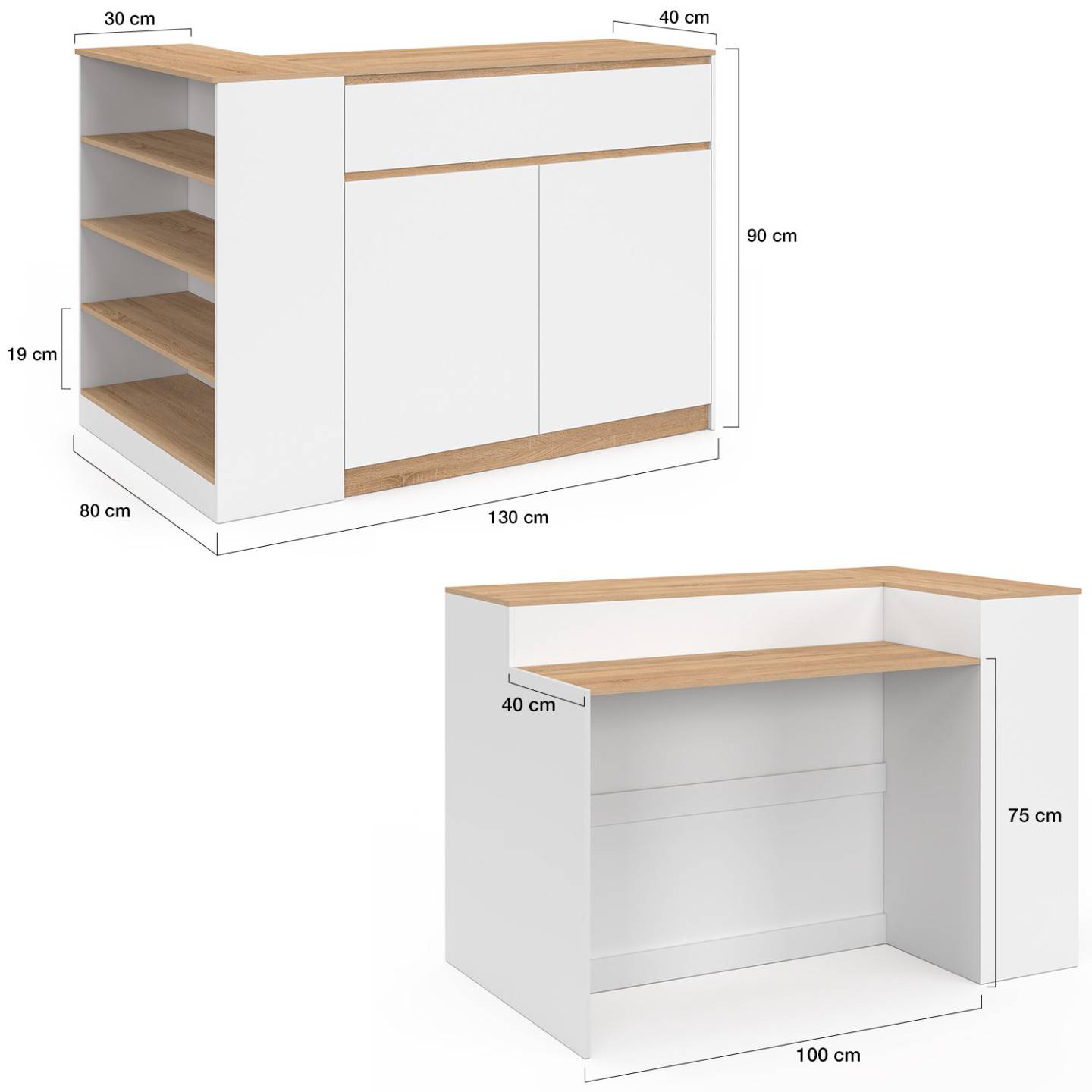 IDMARKET - Ilot central TOMI 130 cm 2 personnes double plateau bois blanc avec plan de travail façon hêtre - Image 5
