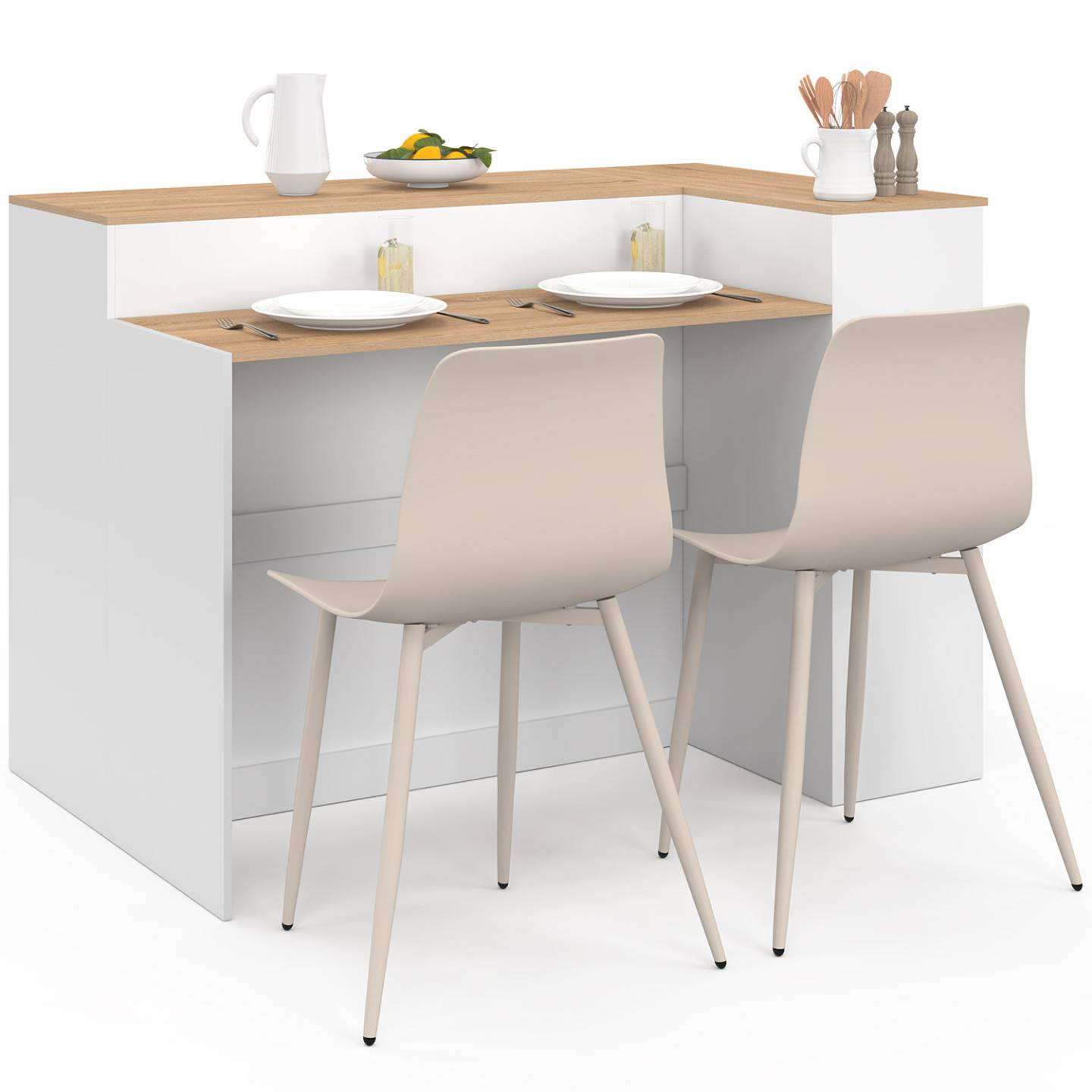 IDMARKET - Ilot central TOMI 130 cm 2 personnes double plateau bois blanc avec plan de travail façon hêtre - Image 4