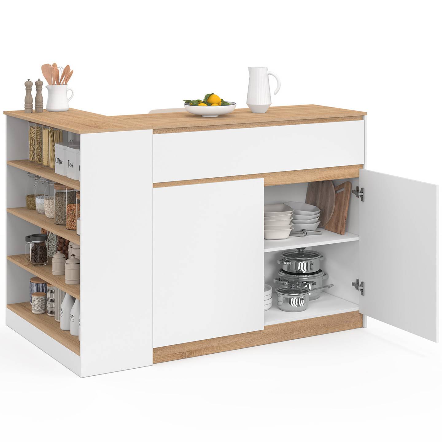 IDMARKET - Ilot central TOMI 130 cm 2 personnes double plateau bois blanc avec plan de travail façon hêtre - Image 2