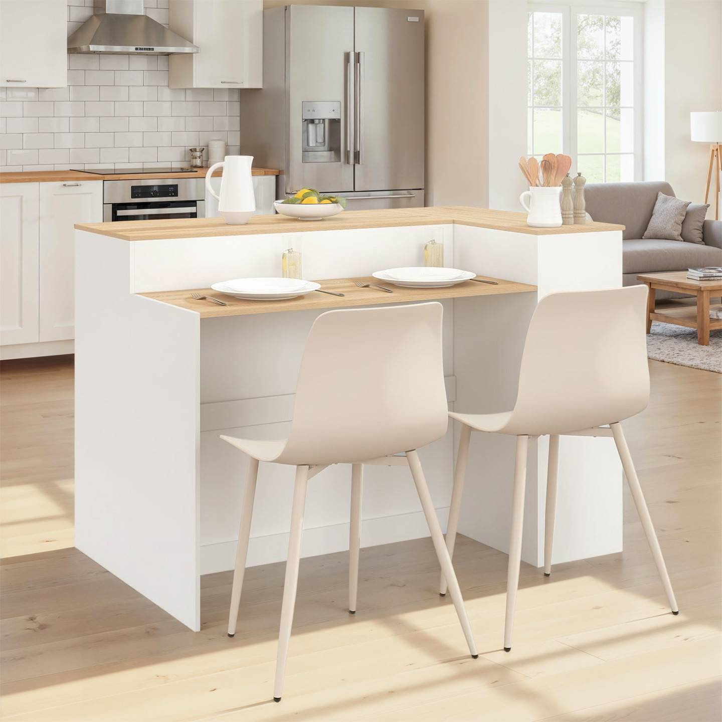 IDMARKET - Ilot central TOMI 130 cm 2 personnes double plateau bois blanc avec plan de travail façon hêtre - Image 3