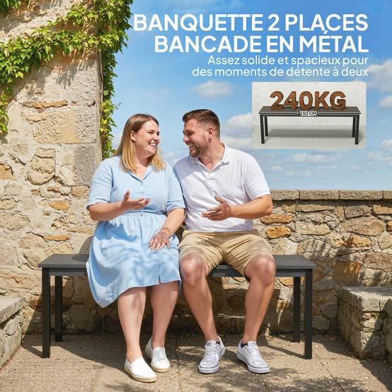 Outsunny - Banc de jardin 2 places sans dossier - assise à lattes - métal - 130x34x43cm - gris - Outsunny - Image 8