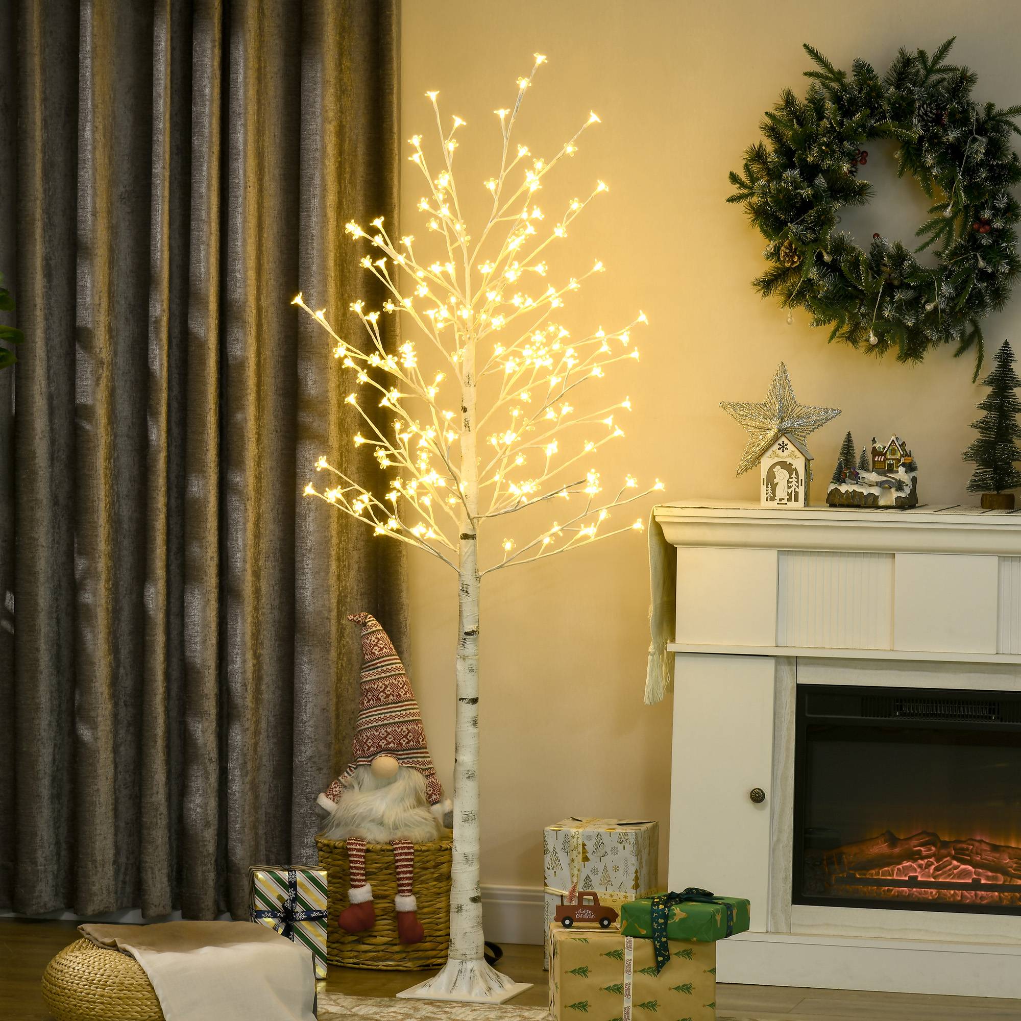 ComfortXL - Arbre lumineux bouleau artificiel plastique blanc 180 cm intérieur extérieur couvert 180 LED blanc chaud
