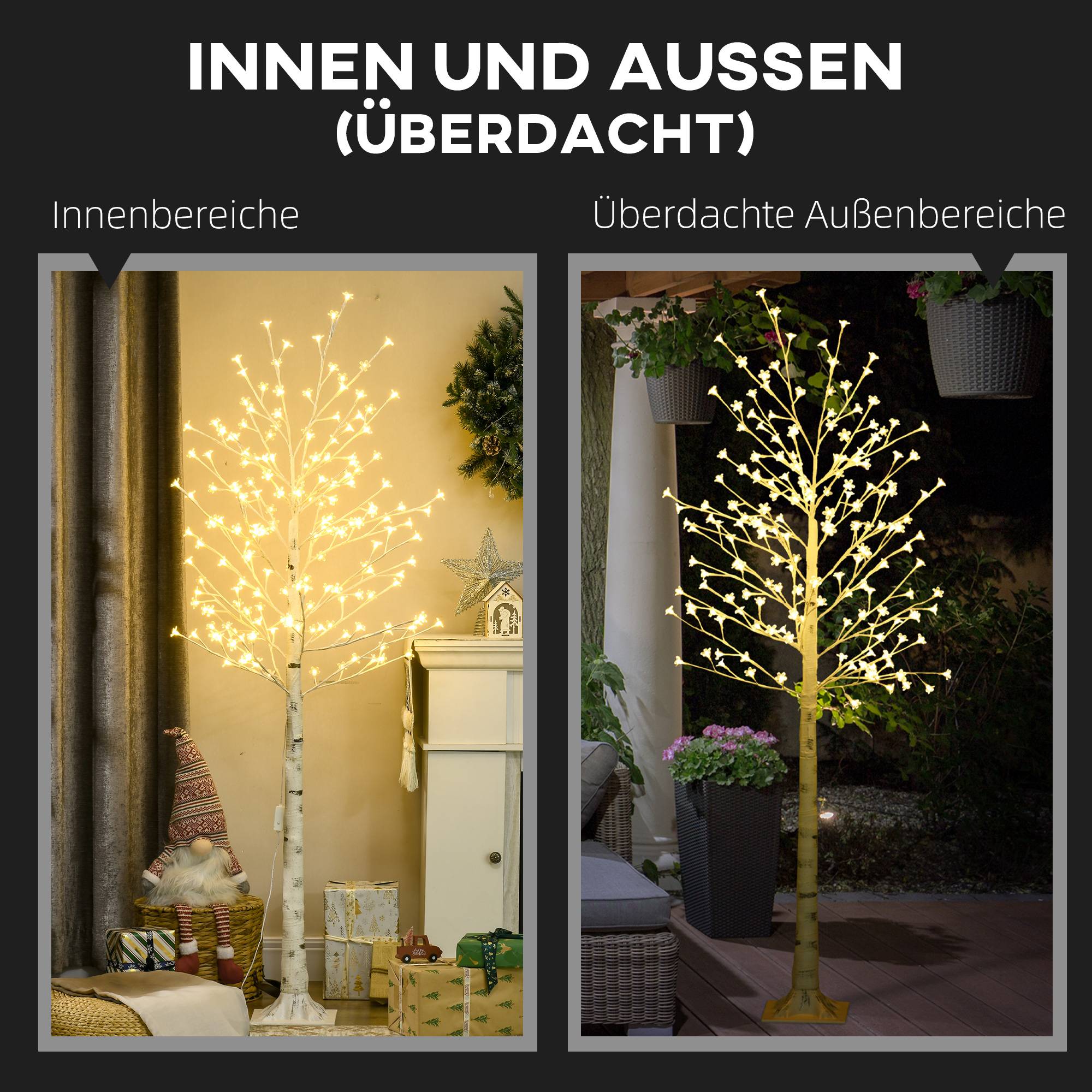 ComfortXL - Arbre lumineux bouleau artificiel plastique blanc 180 cm intérieur extérieur couvert 180 LED blanc chaud - Image 7