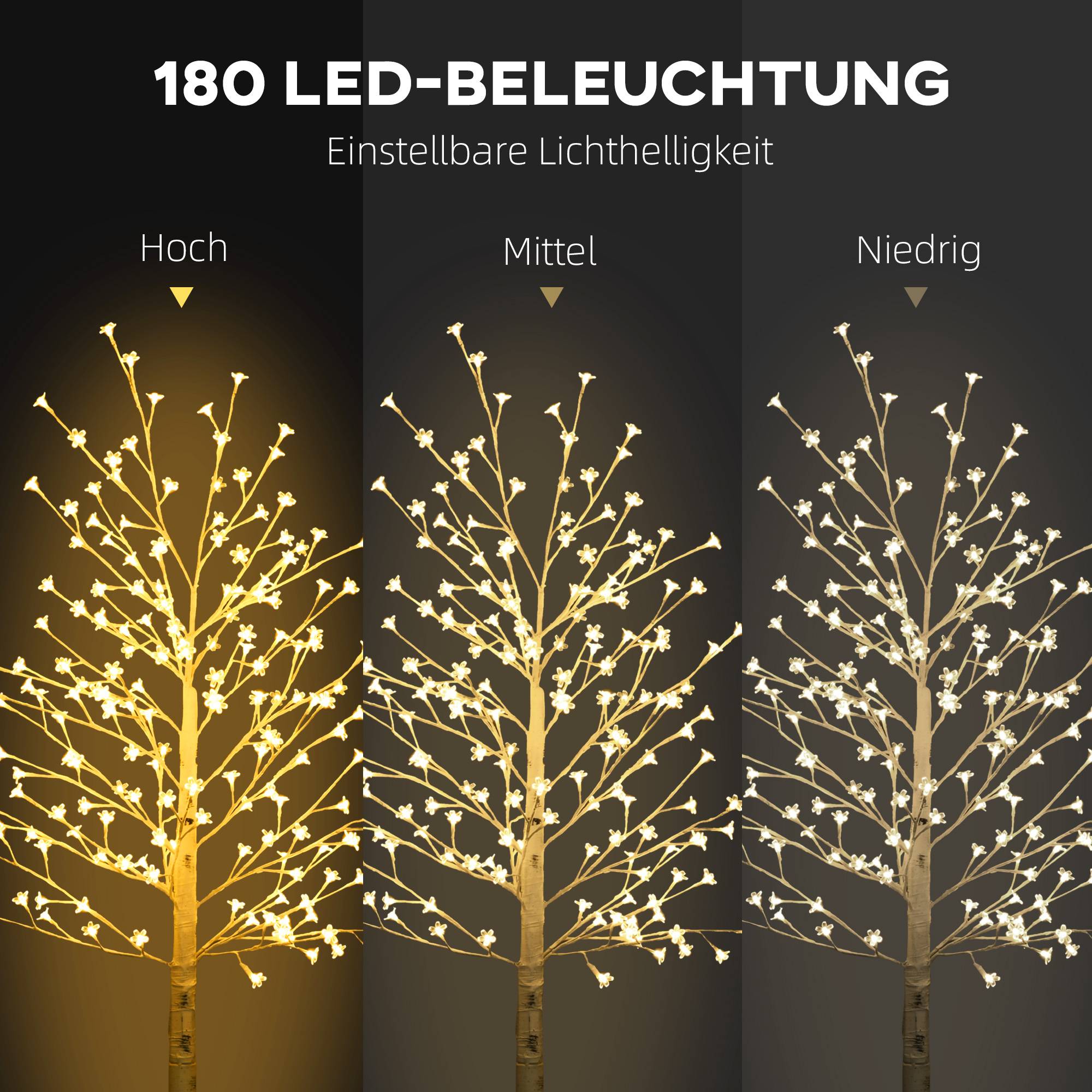 ComfortXL - Arbre lumineux bouleau artificiel plastique blanc 180 cm intérieur extérieur couvert 180 LED blanc chaud - Image 4