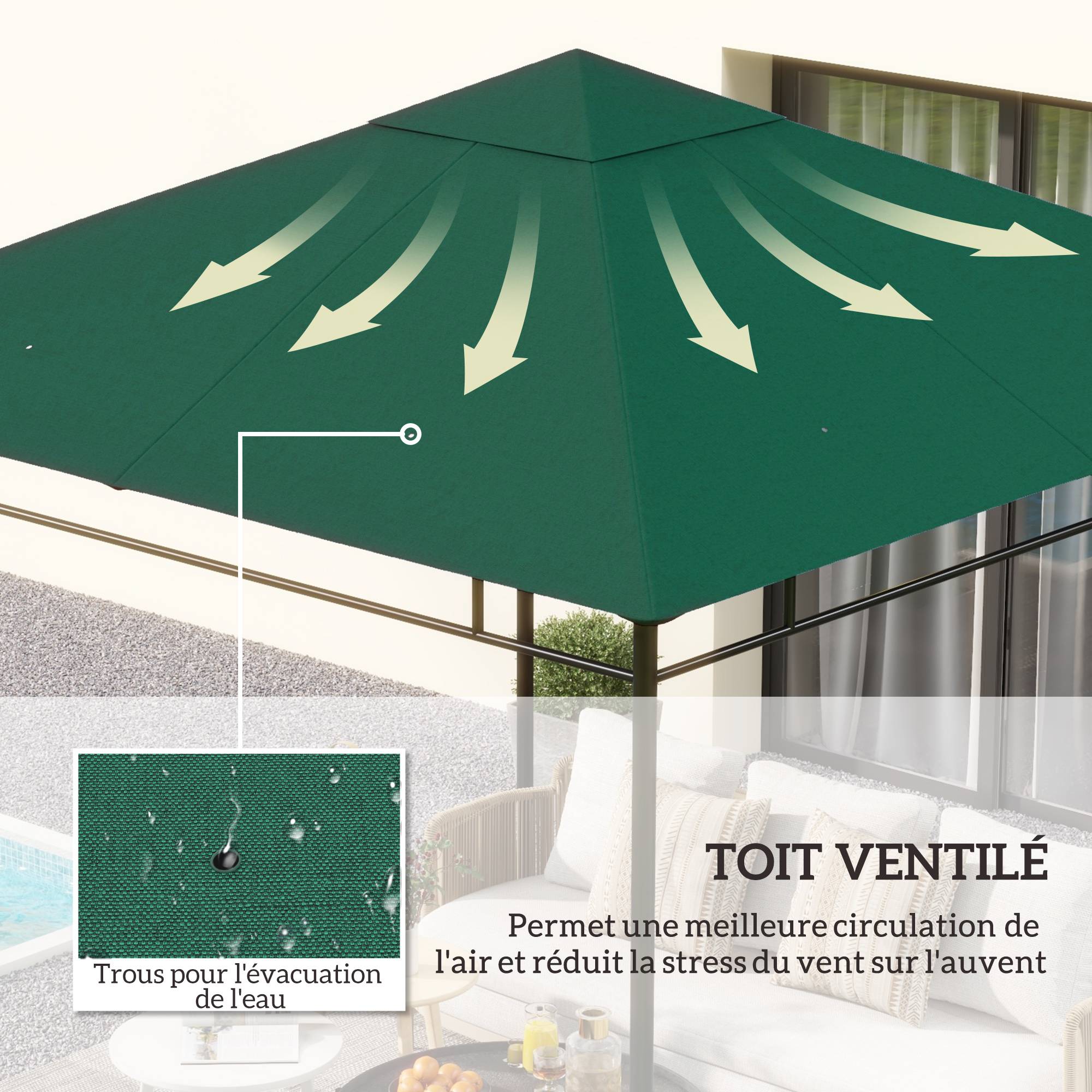 Outsunny - Toile de rechange pour pavillon tonnelle gazebo 3x3m anti-UV haute densité 180g/m² polyester vert - Outsunny - Image 6